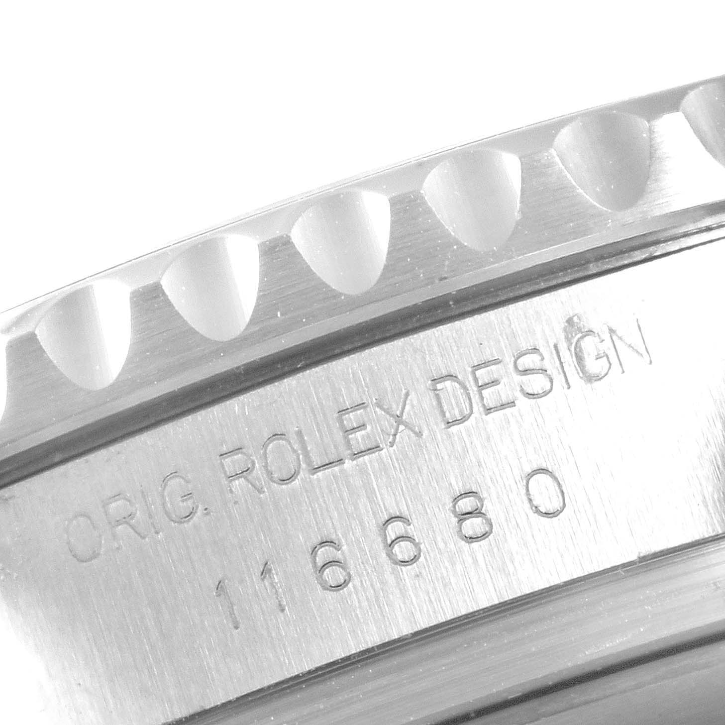 This close-up image shows the case side of the Rolex Yacht-Master 116680 Men
s Stainless Steel White Dial 116680 Men
s Stainless Steel White Dial, including the model number and branding engravings.