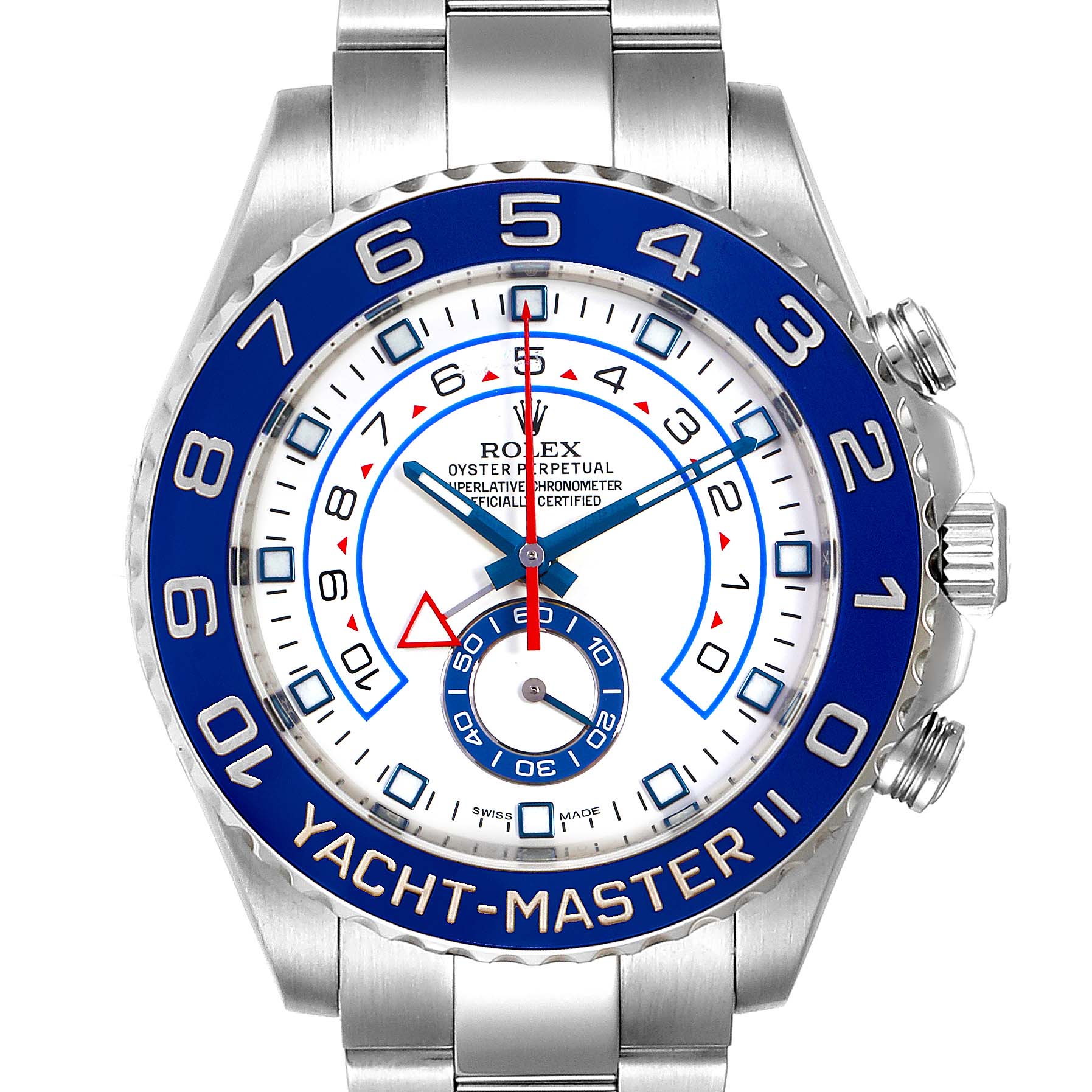 This image shows a front view of a Rolex Yacht-Master 116680 Men
s Stainless Steel White Dial 116680 Men
s Stainless Steel White Dial II watch, featuring its face, bezel, and part of the bracelet.