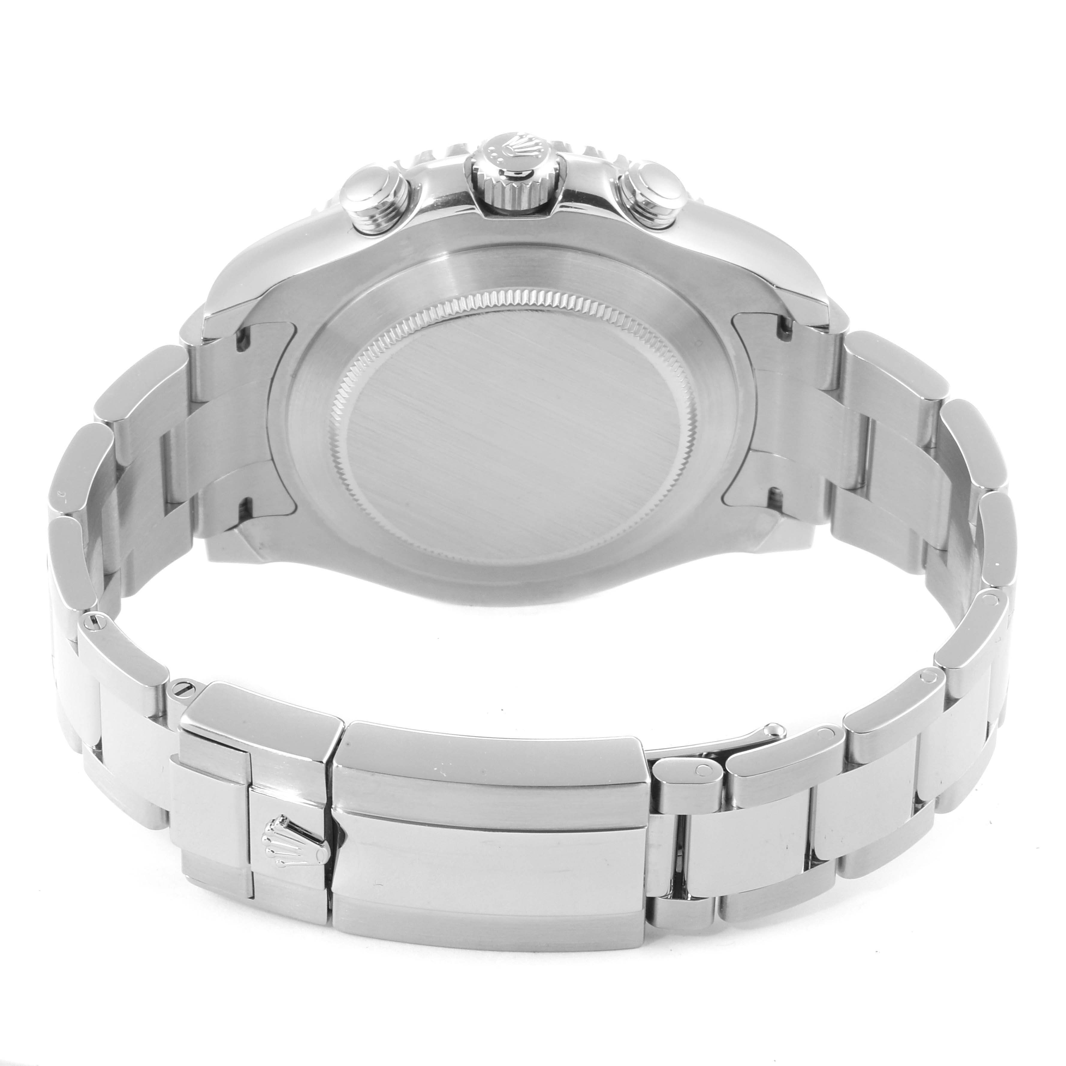 This image shows the back case and bracelet of a Rolex Yacht-Master 116680 Men
s Stainless Steel White Dial 116680 Men
s Stainless Steel White Dial watch from a rear angle.