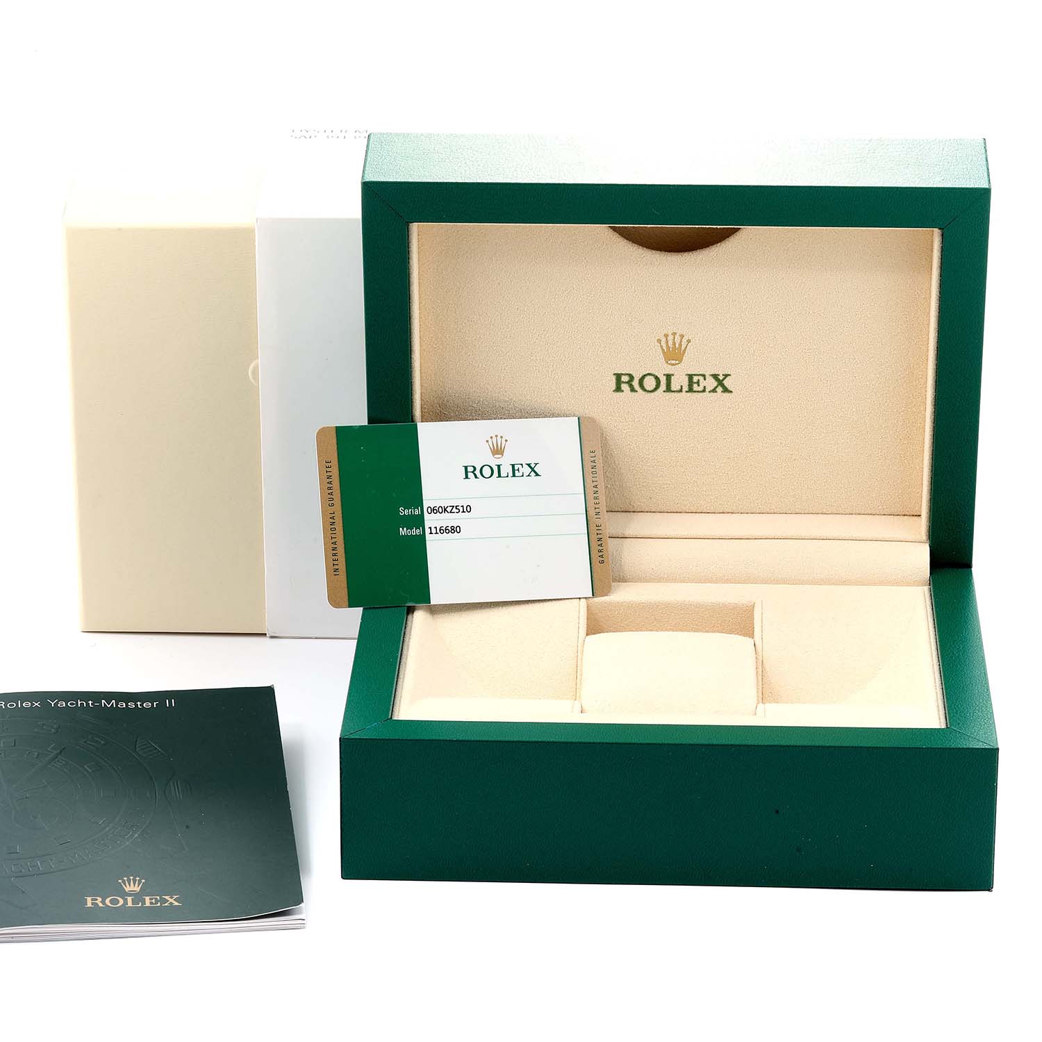 This image shows a green and beige Rolex Yacht-Master 116680 Men
s Stainless Steel White Dial 116680 Men
s Stainless Steel White Dial watch box, warranty card, and manual from a frontal angle.