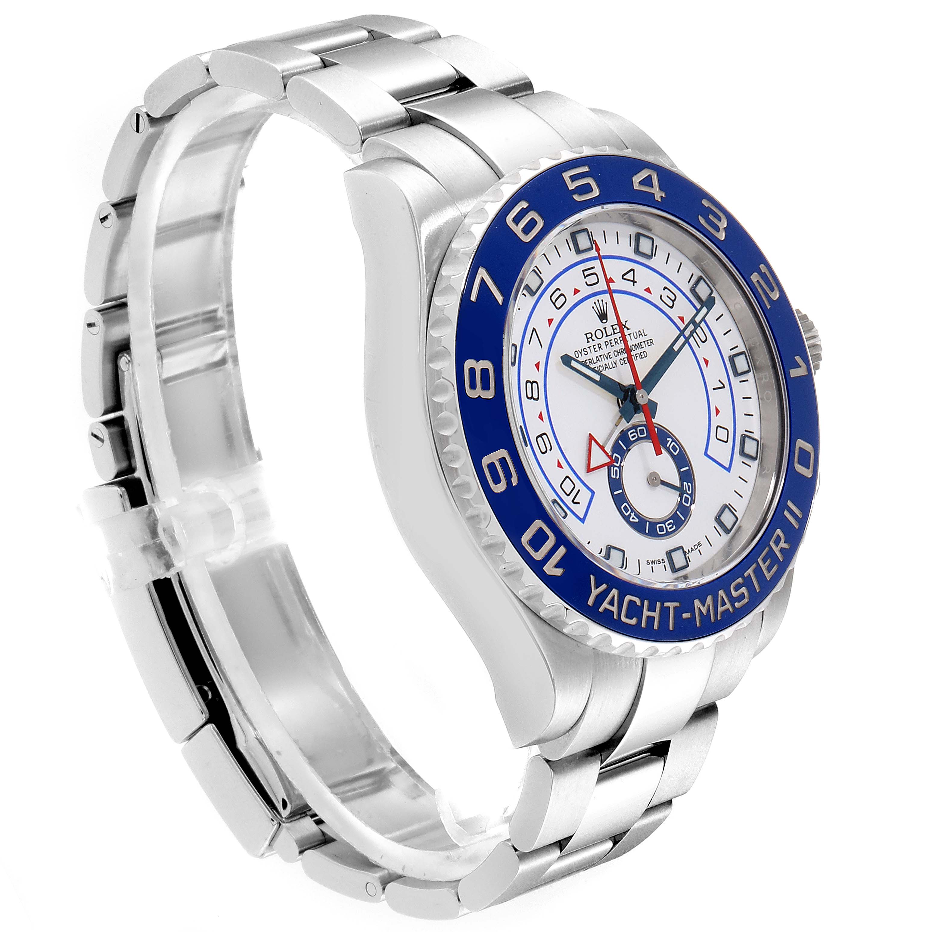 The Rolex Yacht-Master 116680 Men
s Stainless Steel White Dial 116680 Men
s Stainless Steel White Dial watch is shown at an oblique angle, highlighting the dial, bezel, and bracelet.