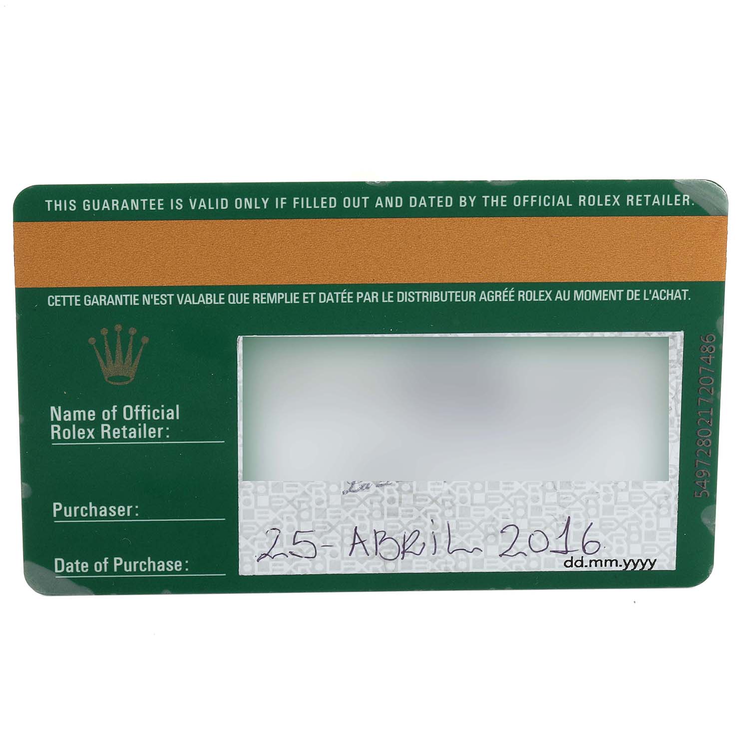 This image shows the warranty card for the Rolex Yacht-Master 116680 Men
s Stainless Steel White Dial 116680 Men
s Stainless Steel White Dial watch, displaying retailer, purchaser information, and date of purchase.