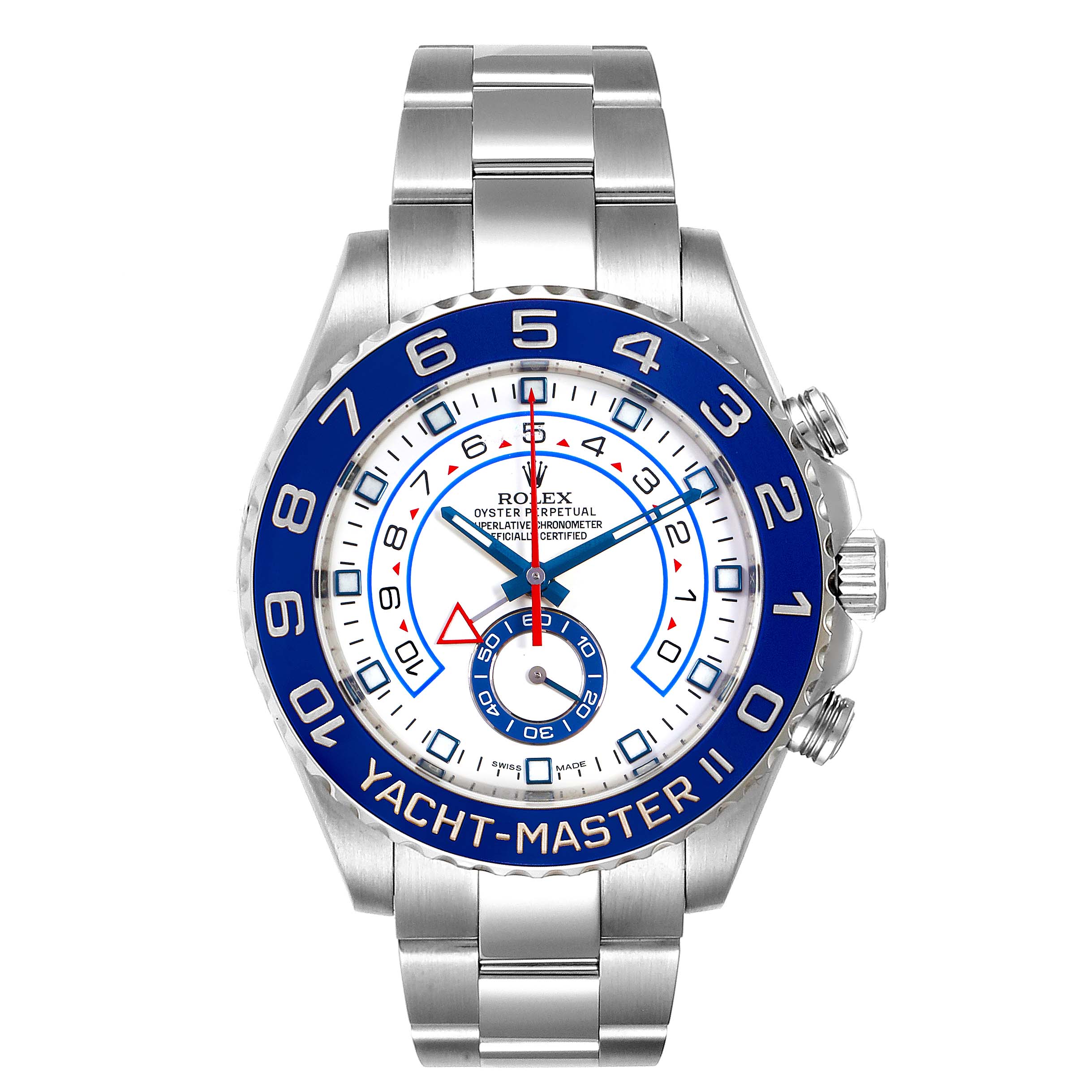 This image shows a front view of a Rolex Yacht-Master 116680 Men
s Stainless Steel White Dial 116680 Men
s Stainless Steel White Dial II watch, highlighting its face, bezel, and bracelet.