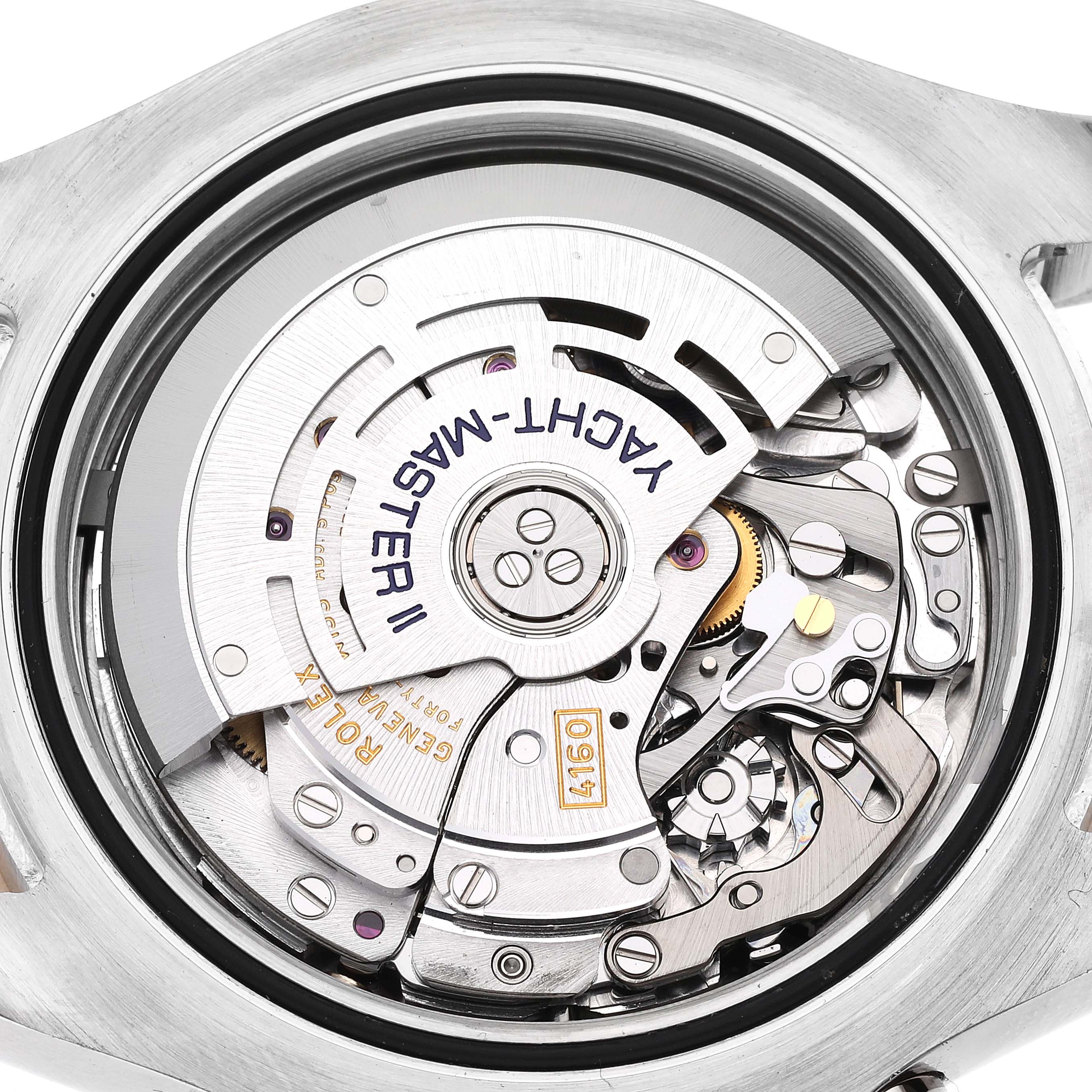 This image shows the internal mechanism of a Rolex Yacht-Master 116681 Men's Steel and Gold (two tone) White Dial 116681 Men's Steel and Gold (two tone) White Dial II watch from the rear.