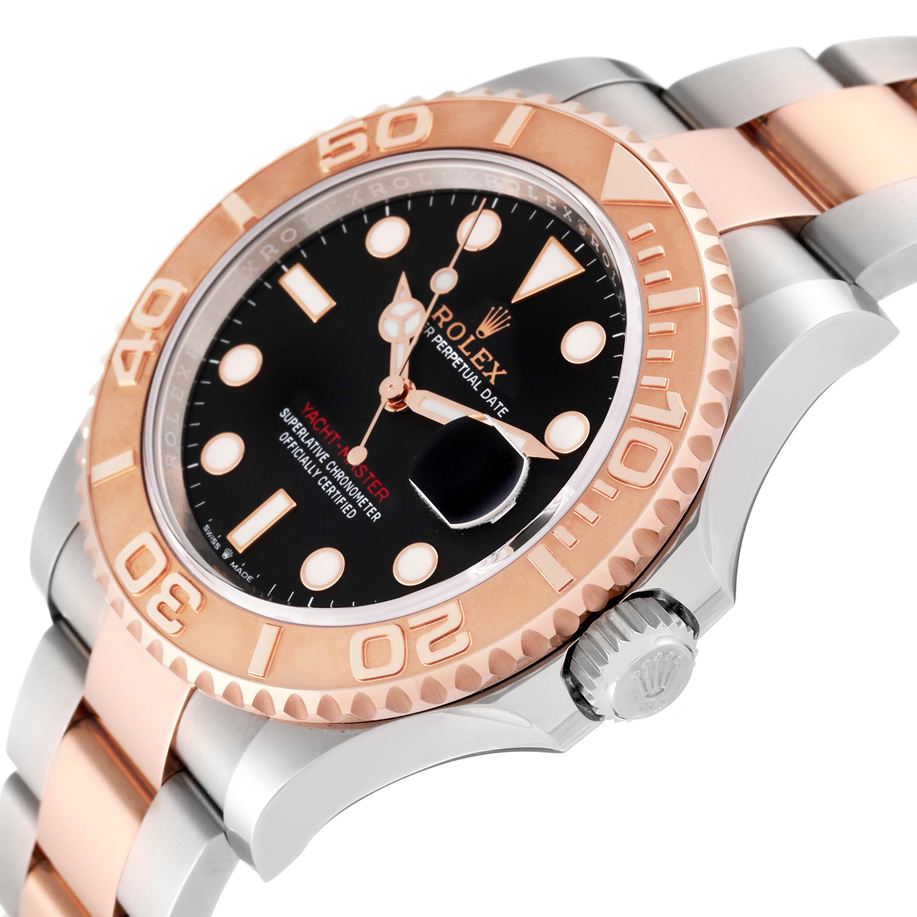 The Rolex Yacht-Master 126621 Men's Steel and Gold (two tone) Black Dial 126621 Men's Steel and Gold (two tone) Black Dial watch is shown from an angle highlighting the case, bezel, crown, and bracelet.