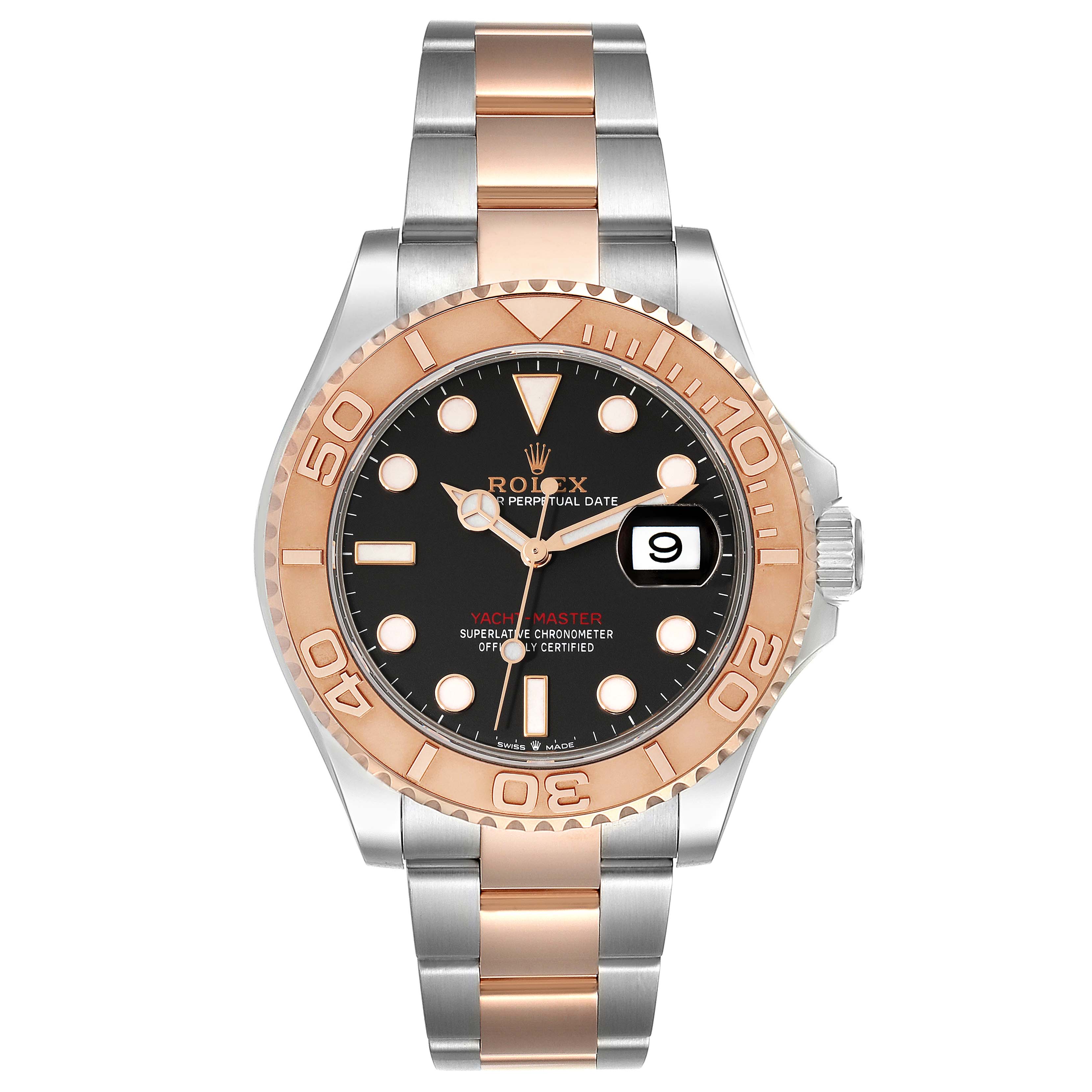 The image shows a front view of a Rolex Yacht-Master 126621 Men's Steel and Gold (two tone) Black Dial 126621 Men's Steel and Gold (two tone) Black Dial watch, highlighting its dial, bezel, and bracelet.