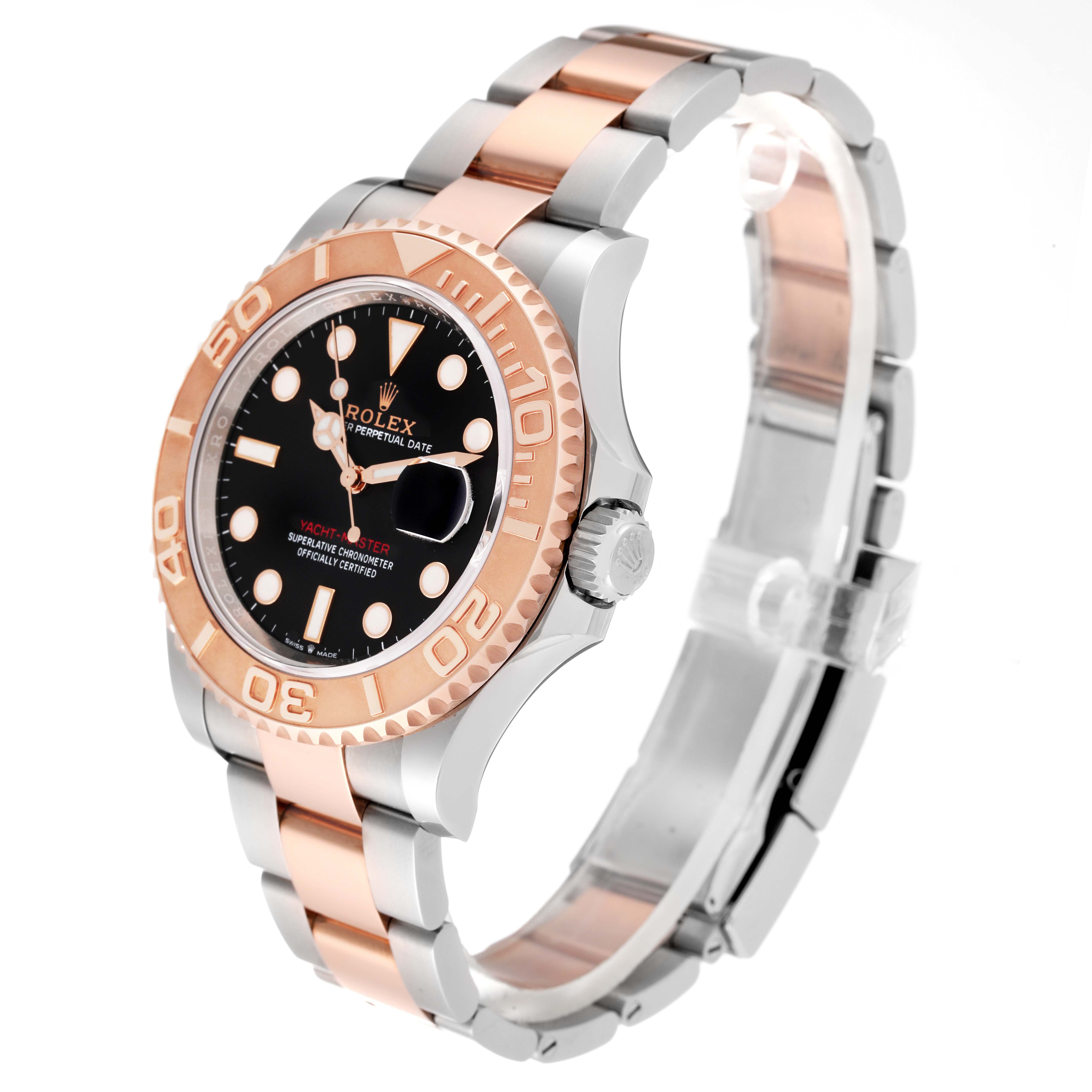 The Rolex Yacht-Master 126621 Men's Steel and Gold (two tone) Black Dial 126621 Men's Steel and Gold (two tone) Black Dial watch is shown at a slight angle, displaying its two-tone rose gold and steel bracelet and bezel, and black dial.