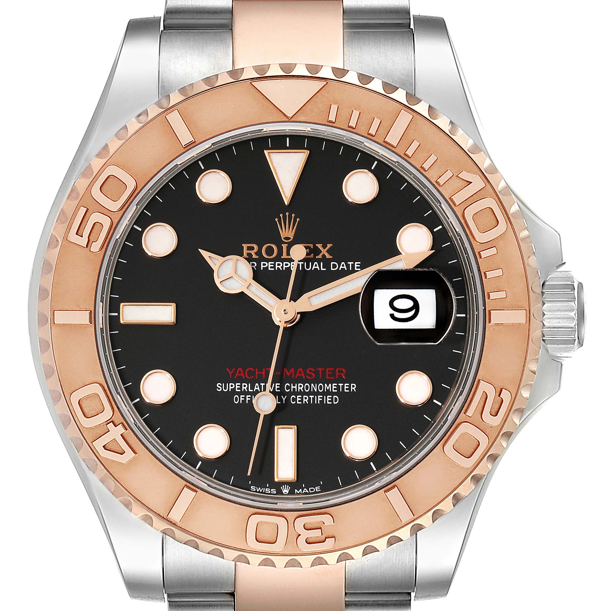 The image shows a front view of a Rolex Yacht-Master 126621 Men's Steel and Gold (two tone) Black Dial 126621 Men's Steel and Gold (two tone) Black Dial watch, highlighting the dial, bezel, and date window.