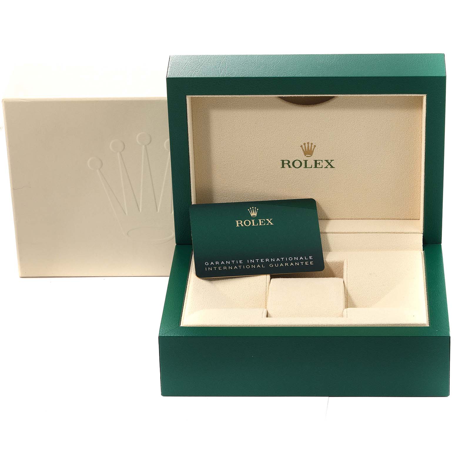 The image shows an open Rolex Yacht-Master 126621 Men's Steel and Gold (two tone) Black Dial 126621 Men's Steel and Gold (two tone) Black Dial watch box with the international guarantee card inside.