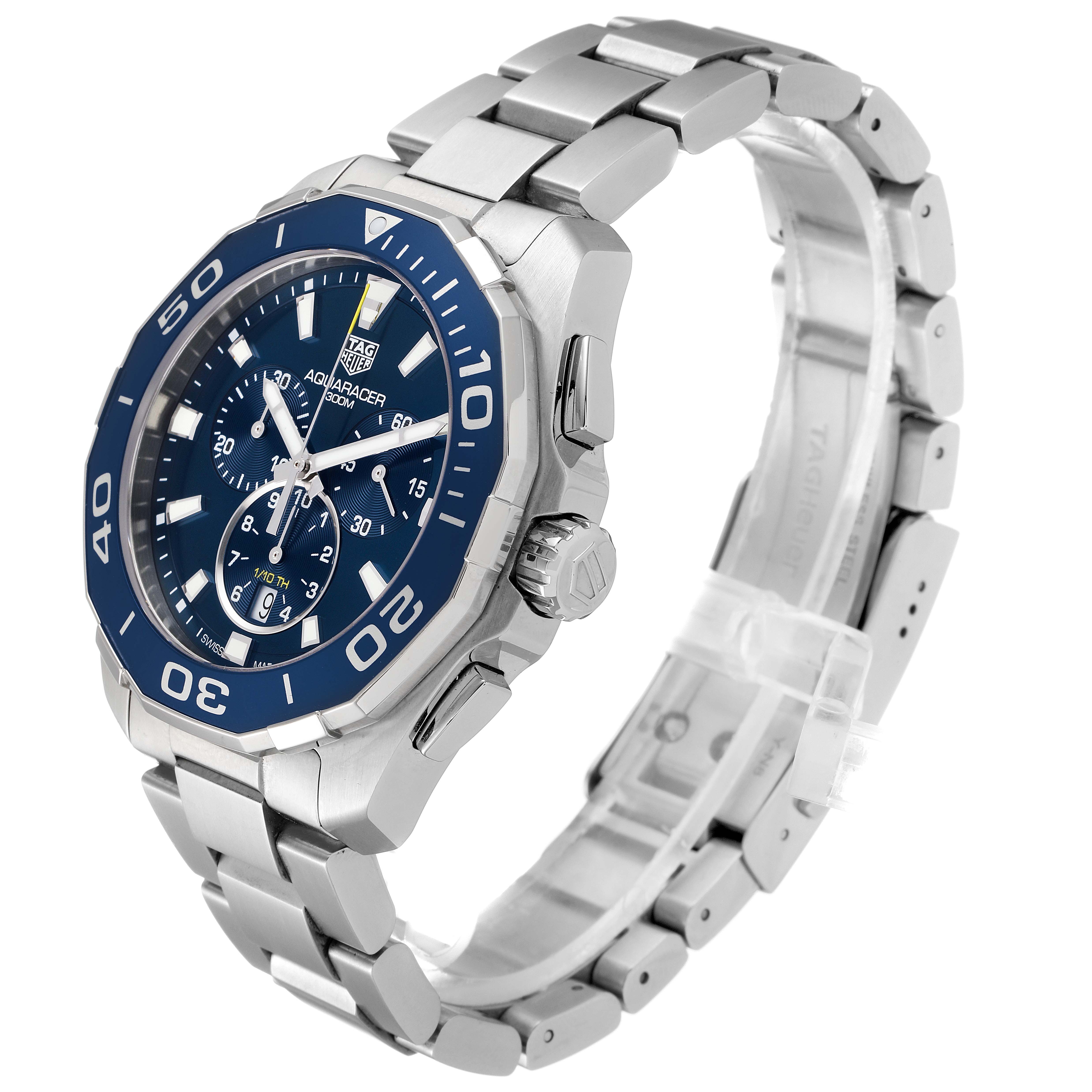 The image shows a Tag Heuer Aquaracer CAY111B.BA0927 Men's Stainless Steel Blue Dial CAY111B.BA0927 Men's Stainless Steel Blue Dial watch from an angled side view, highlighting the bezel, dial, crown, and metal bracelet.