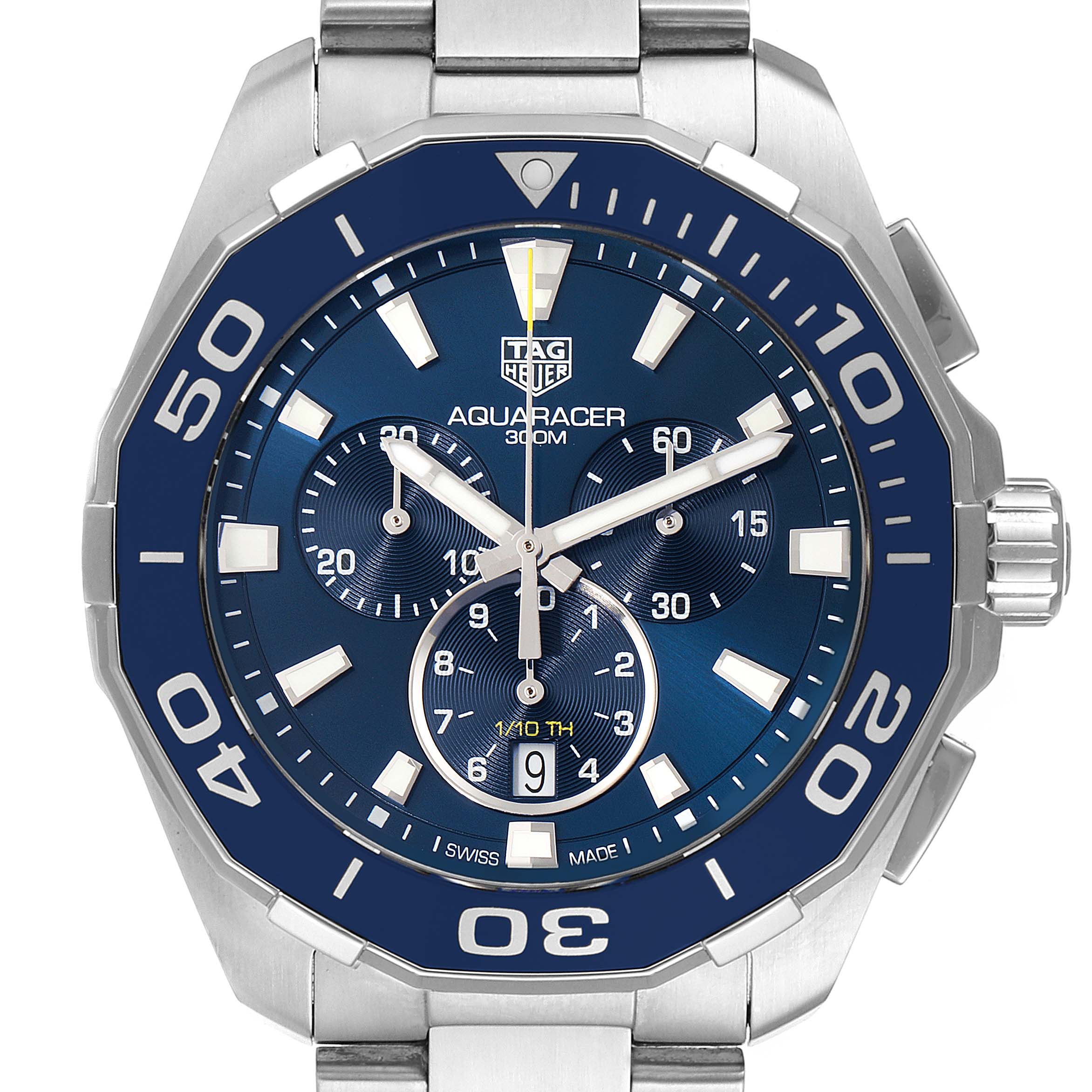 This is a frontal view of the Tag Heuer Aquaracer CAY111B.BA0927 Men's Stainless Steel Blue Dial CAY111B.BA0927 Men's Stainless Steel Blue Dial watch, showcasing its face, dial, hands, subdials, and bezel.