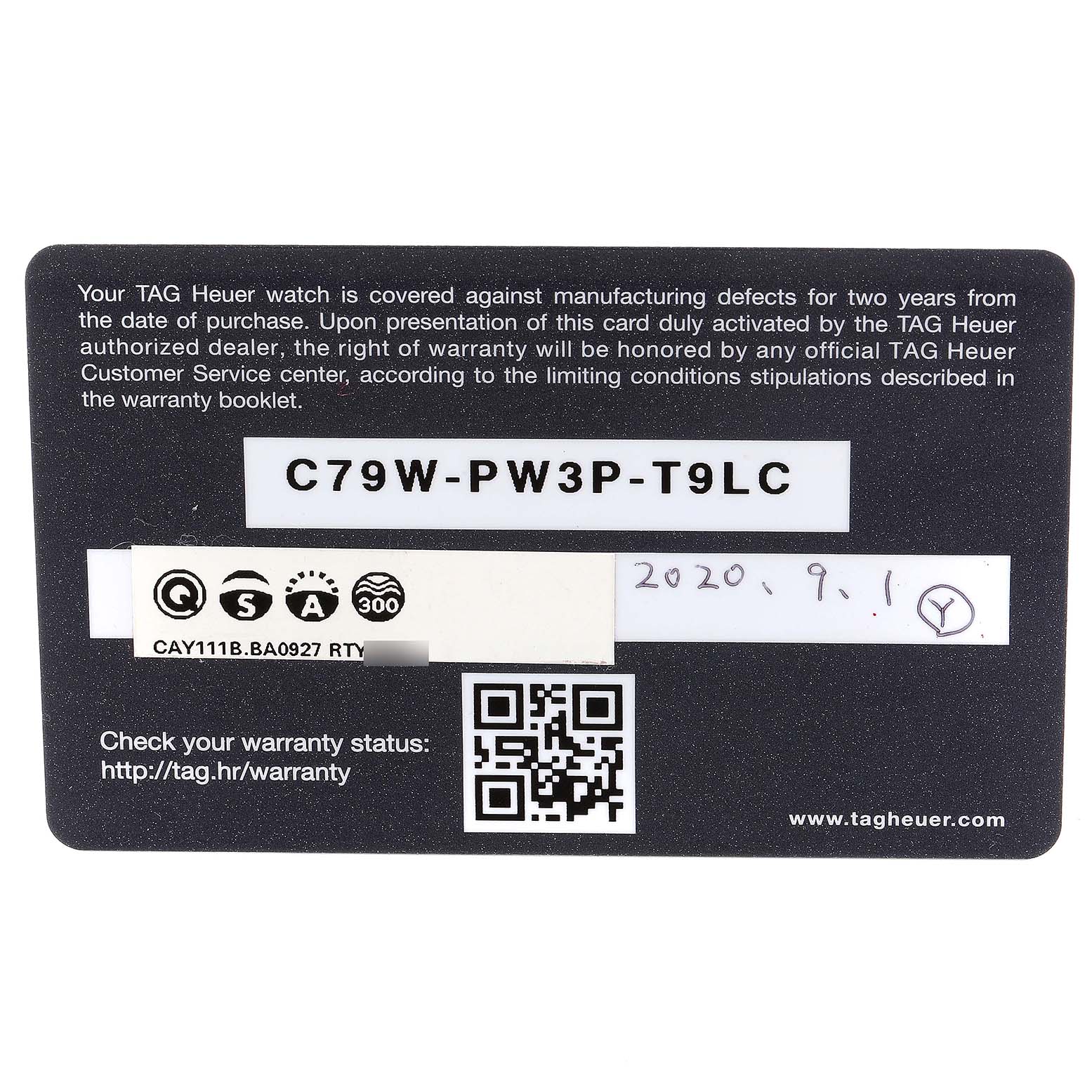 This image shows a warranty card for a Tag Heuer Aquaracer CAY111B.BA0927 Men's Stainless Steel Blue Dial CAY111B.BA0927 Men's Stainless Steel Blue Dial model watch.