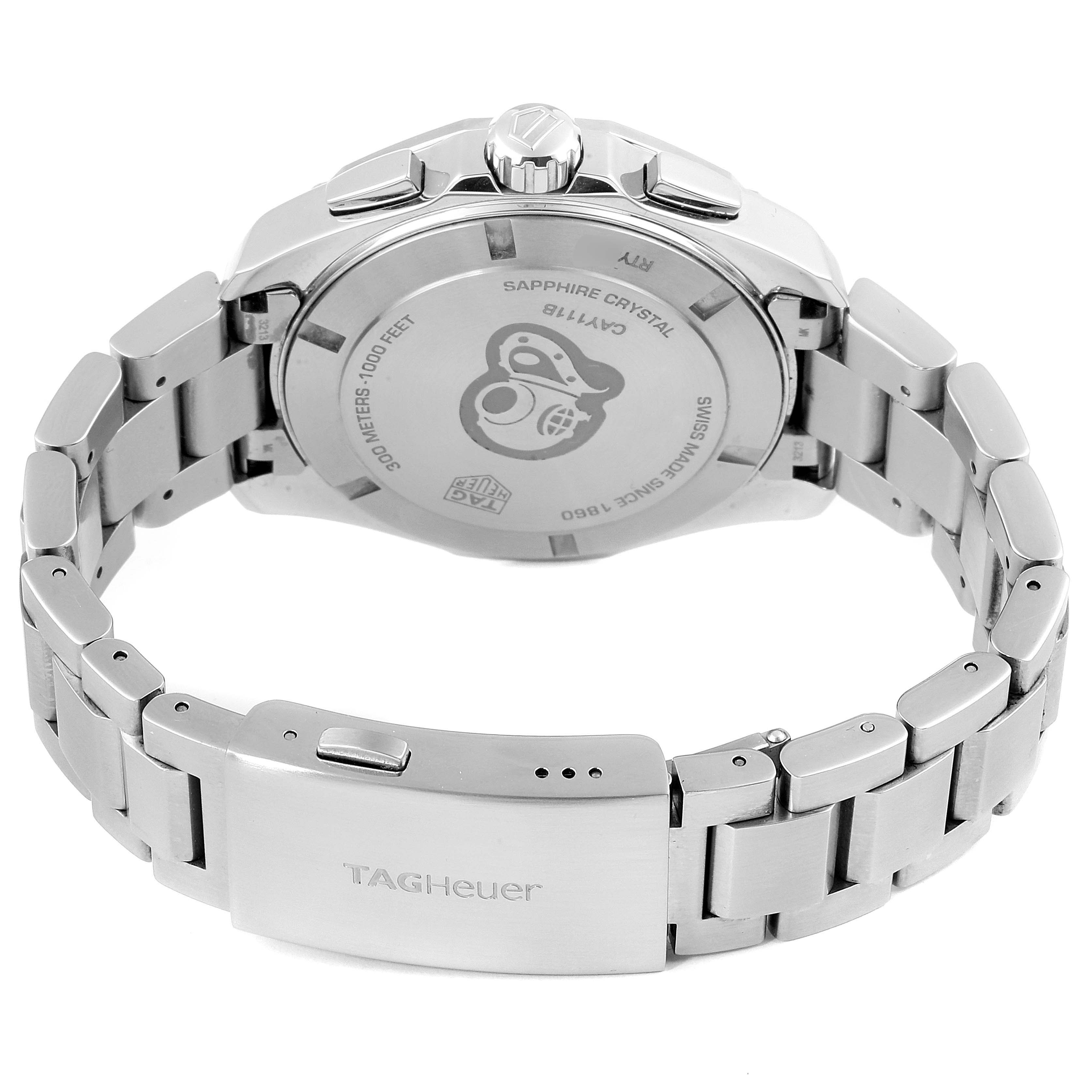 The image shows the back view of a Tag Heuer Aquaracer CAY111B.BA0927 Men's Stainless Steel Blue Dial CAY111B.BA0927 Men's Stainless Steel Blue Dial watch, highlighting its clasp and case back.