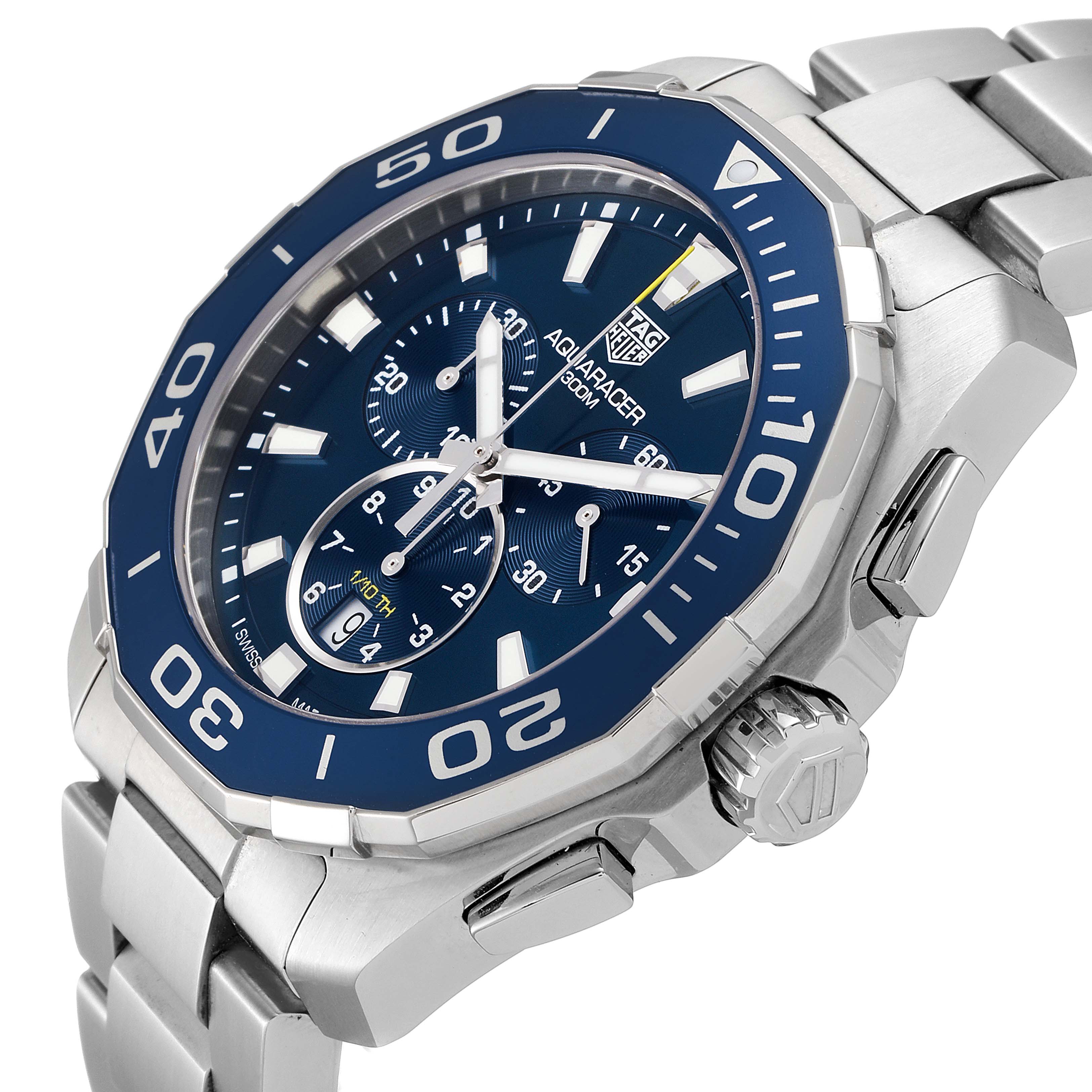 The image shows a close-up of a Tag Heuer Aquaracer CAY111B.BA0927 Men's Stainless Steel Blue Dial CAY111B.BA0927 Men's Stainless Steel Blue Dial watch, highlighting its bezel, face, and bracelet.