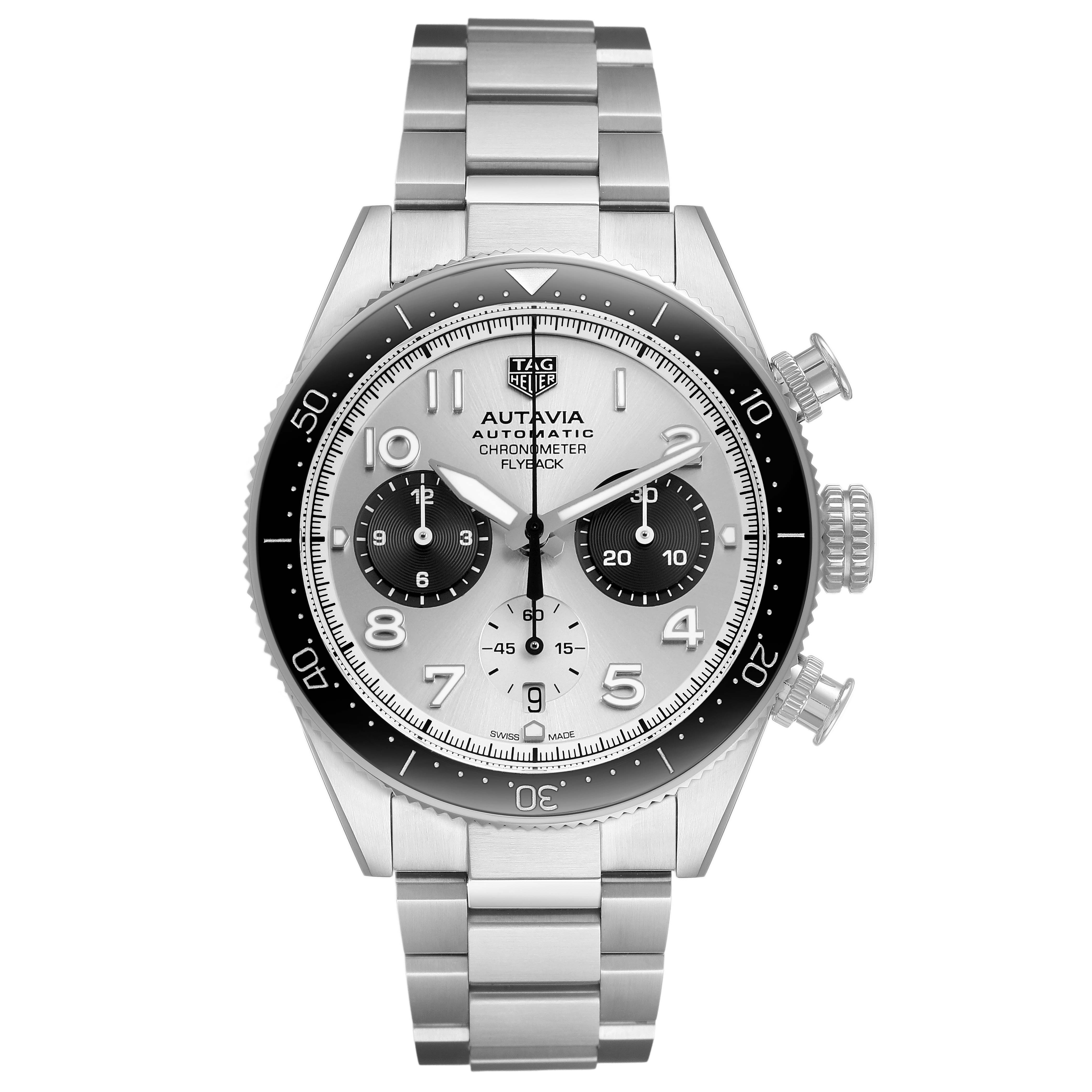 The image shows a full front view of the Tag Heuer Autavia CBE511B Men's Stainless Steel Silver Dial watch, displaying its dial, bezel, crown, pushers, and bracelet.