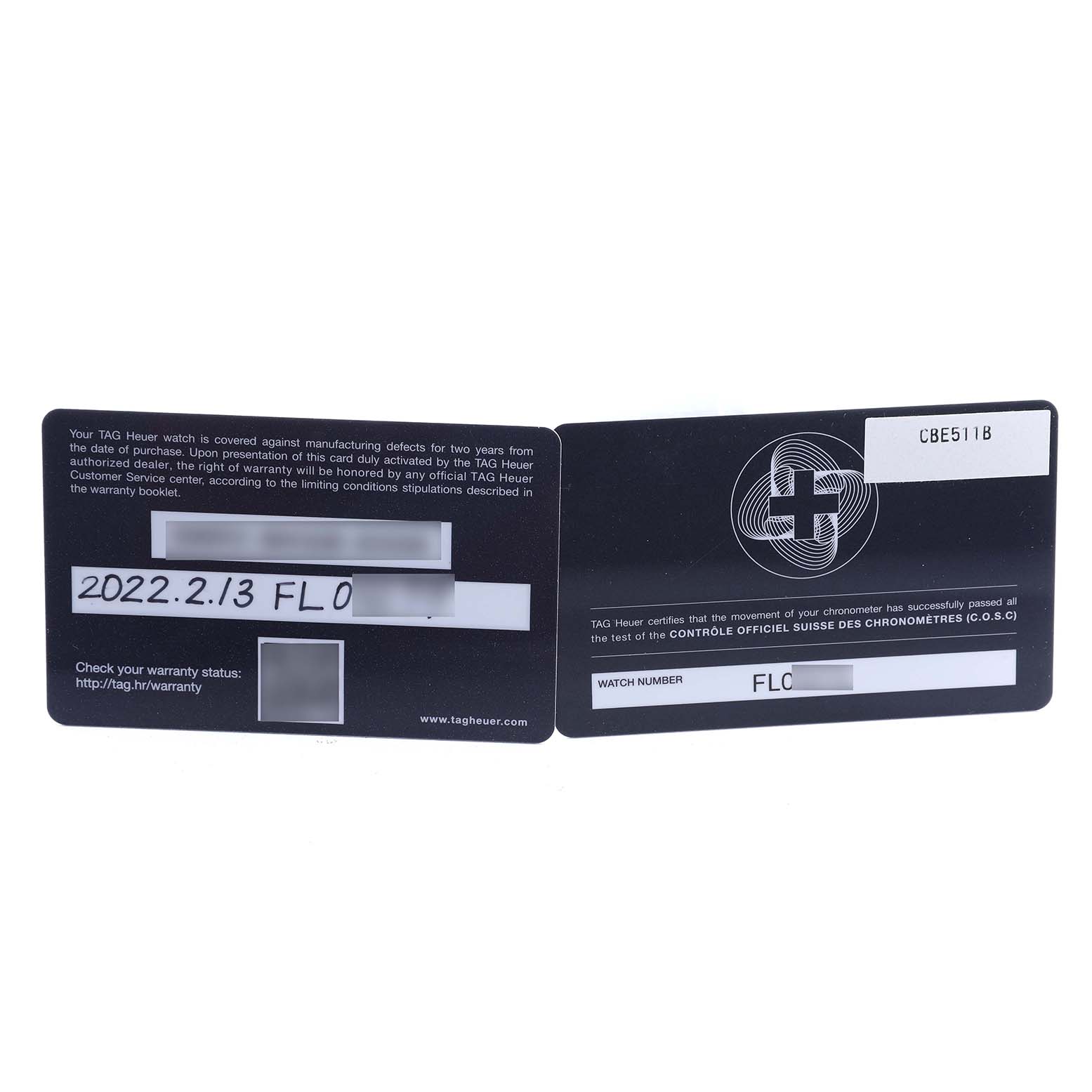 The image shows Tag Heuer Autavia CBE511B Men's Stainless Steel Silver Dial model warranty cards, displaying information and codes.