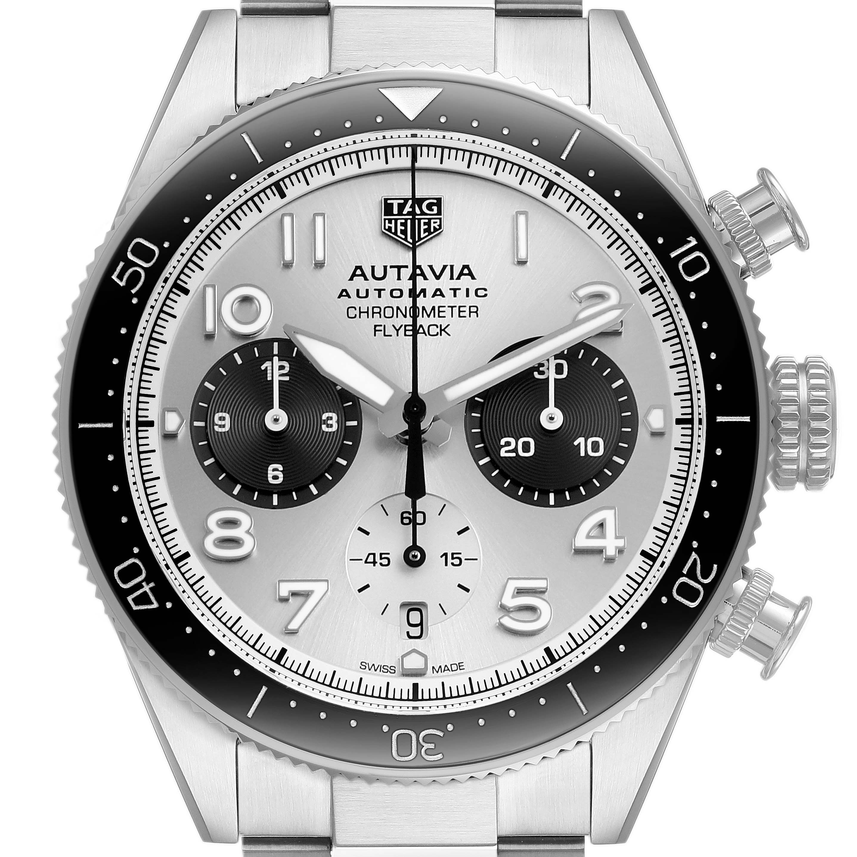 The Tag Heuer Autavia CBE511B Men's Stainless Steel Silver Dial watch is shown from a front angle, displaying the dial, bezel, and pushers clearly.