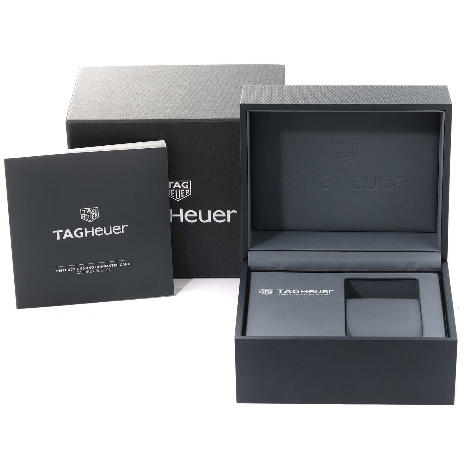 This image shows the box and instruction manual for the Tag Heuer Limited Edition CBG2017 Men's Stainless Steel Black Dial CBG2017 Men's Stainless Steel Black Dial watch model.