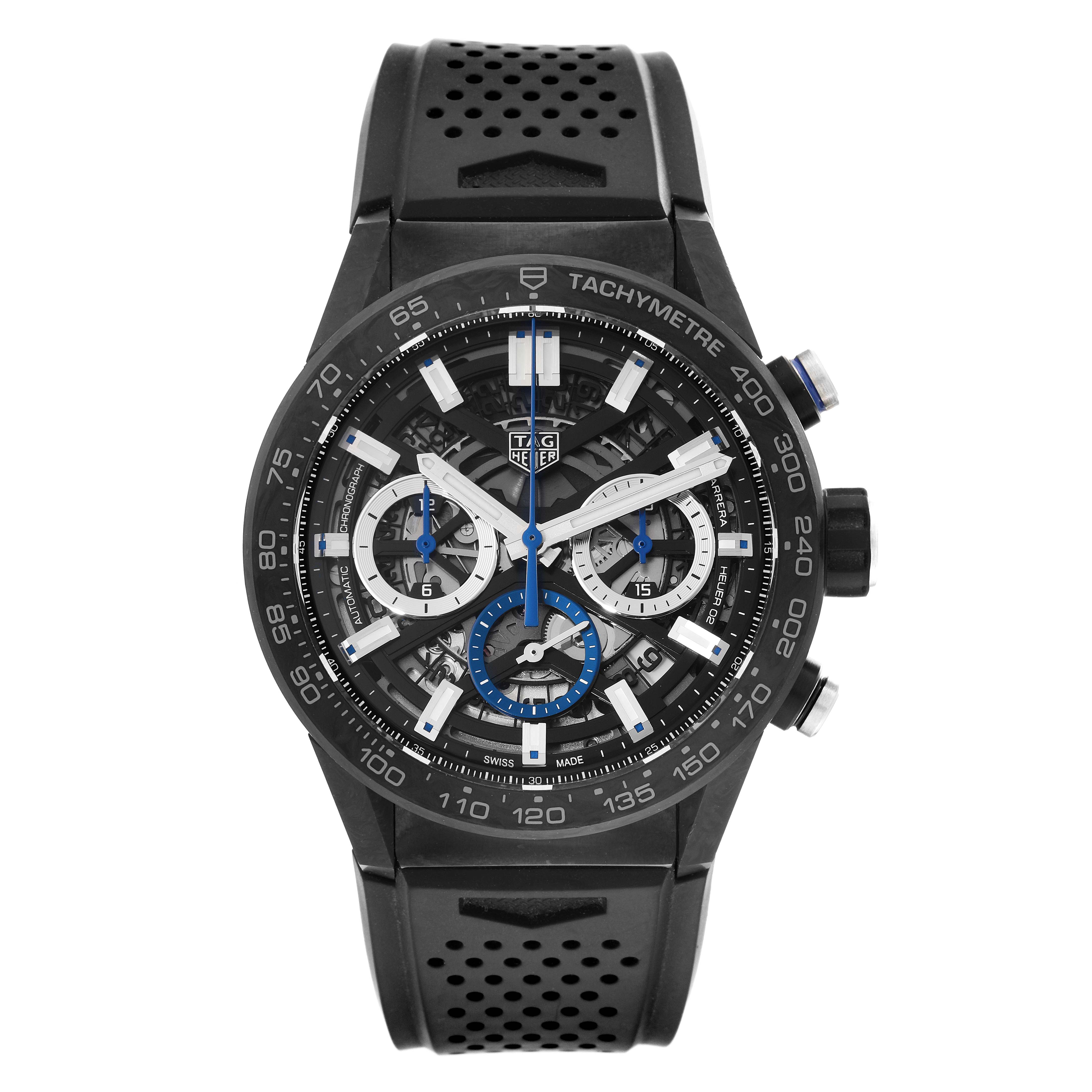 This image shows the front view of the Tag Heuer Limited Edition CBG2017 Men's Stainless Steel Black Dial CBG2017 Men's Stainless Steel Black Dial watch with a tachymeter and subdials.