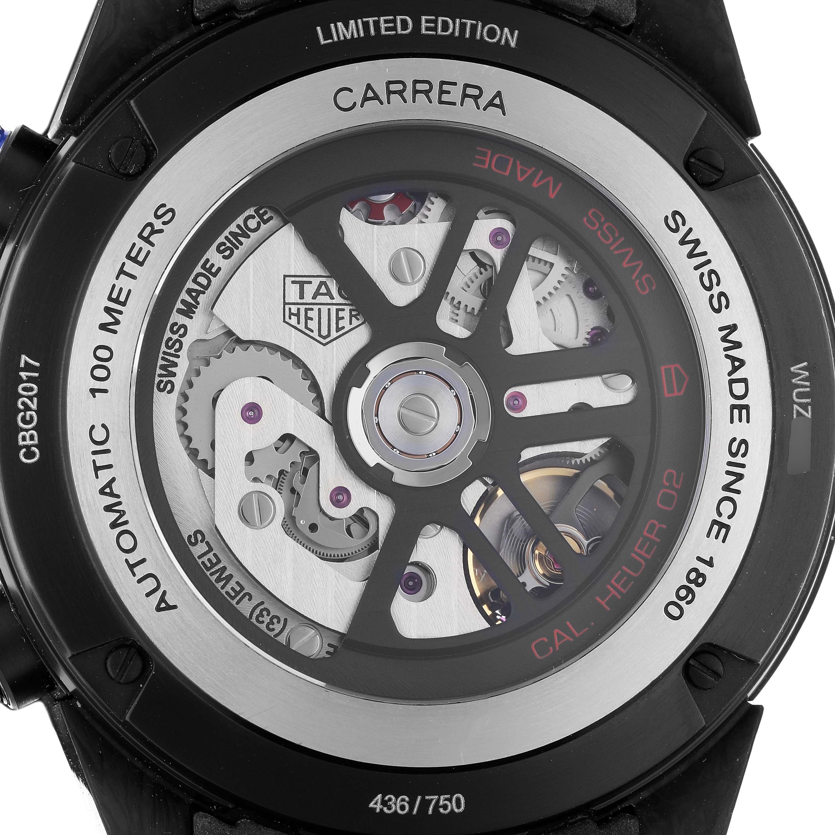 The image shows the back of the Tag Heuer Limited Edition CBG2017 Men's Stainless Steel Black Dial CBG2017 Men's Stainless Steel Black Dial Carrera watch, highlighting its automatic movement and intricate parts.