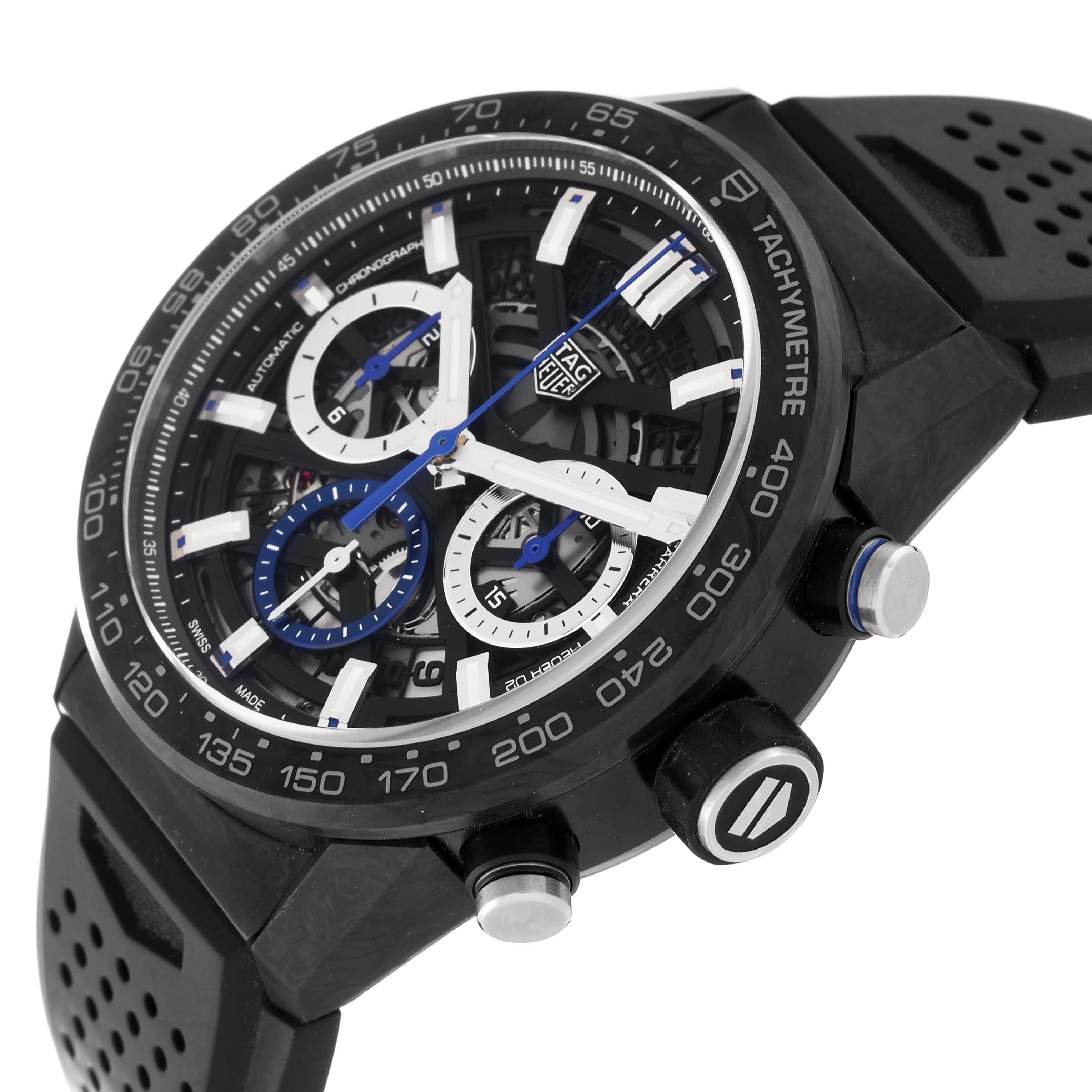 This side-angle view of the Tag Heuer Limited Edition CBG2017 Men's Stainless Steel Black Dial CBG2017 Men's Stainless Steel Black Dial watch showcases the face, crown, and pushers.