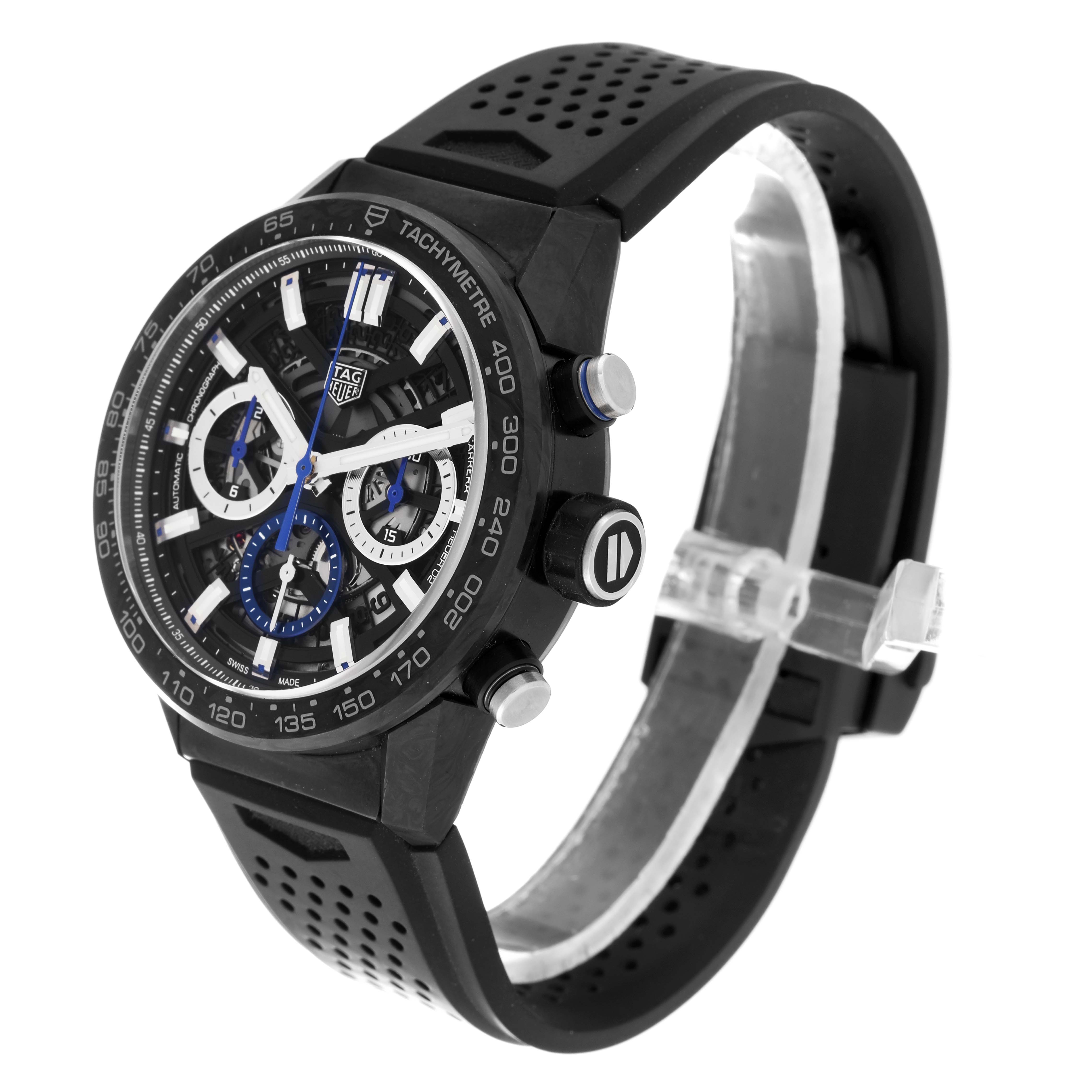 The image shows a side and front view of the Tag Heuer Limited Edition CBG2017 Men's Stainless Steel Black Dial CBG2017 Men's Stainless Steel Black Dial watch, featuring a black strap and chronograph dial.