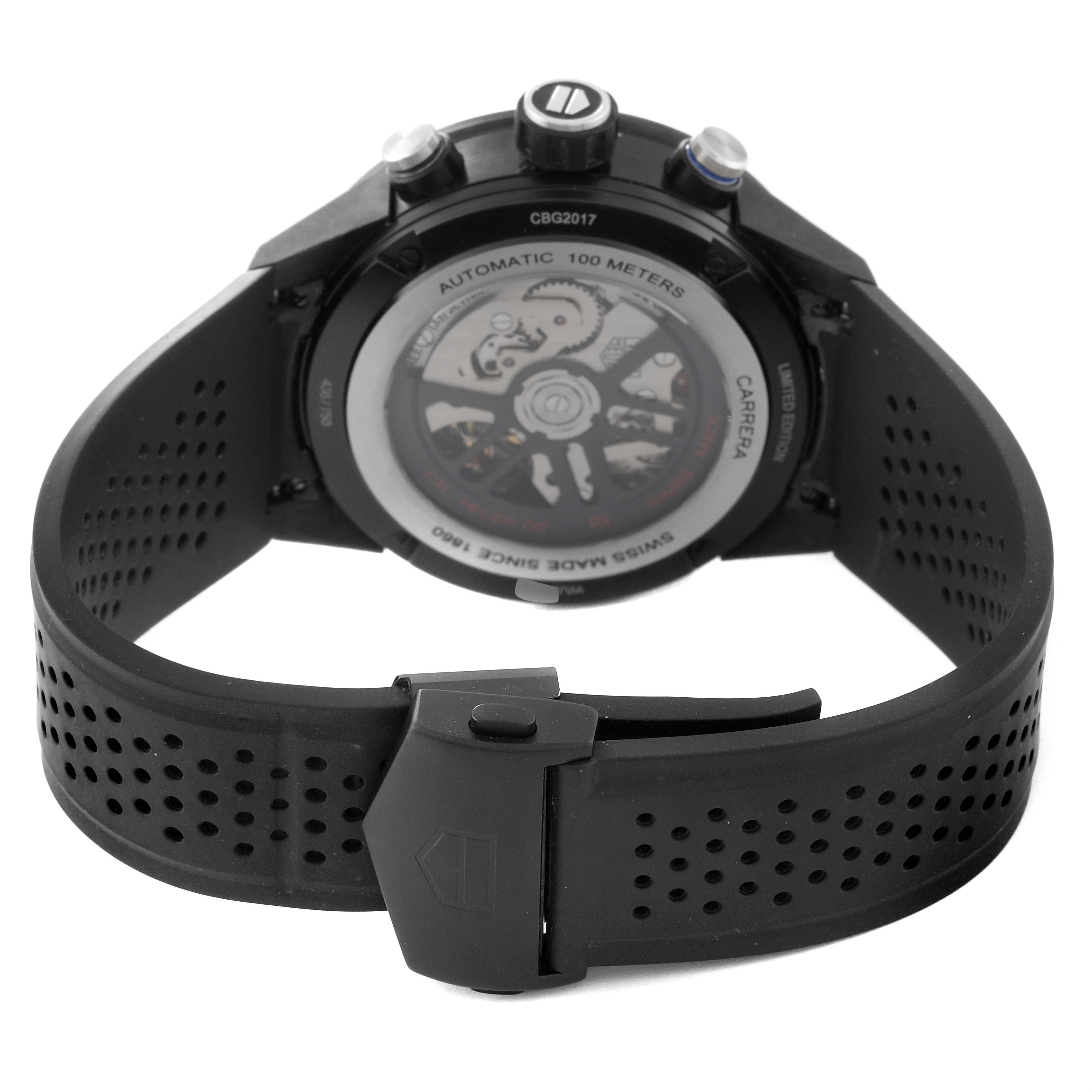 This image shows the back view of the Tag Heuer Carrera Limited Edition watch, featuring its automatic movement and black strap.