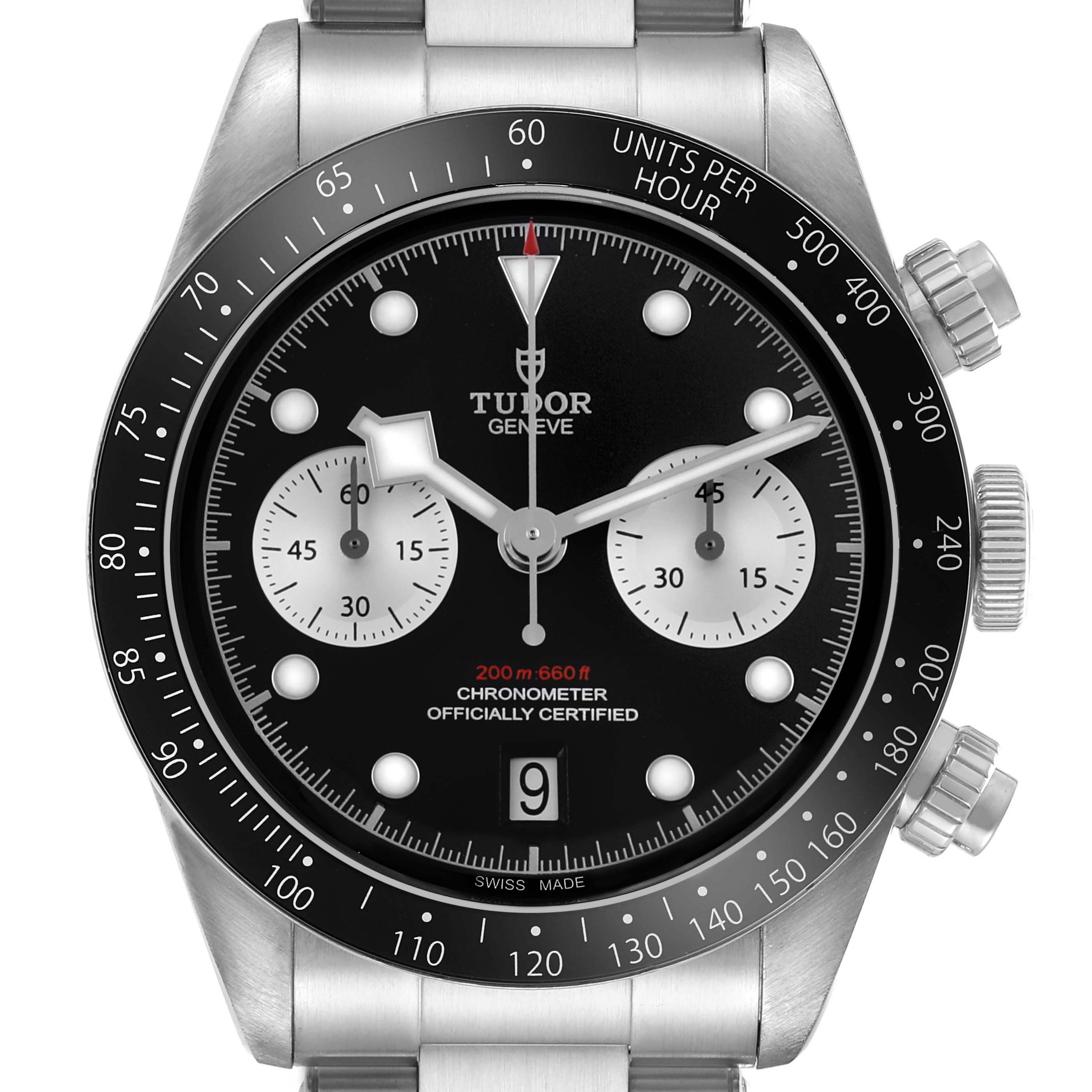The Tudor Heritage Chrono 79360N Men's Stainless Steel Black Dial watch is shown from the front, displaying the dial, bezel, and pushers.