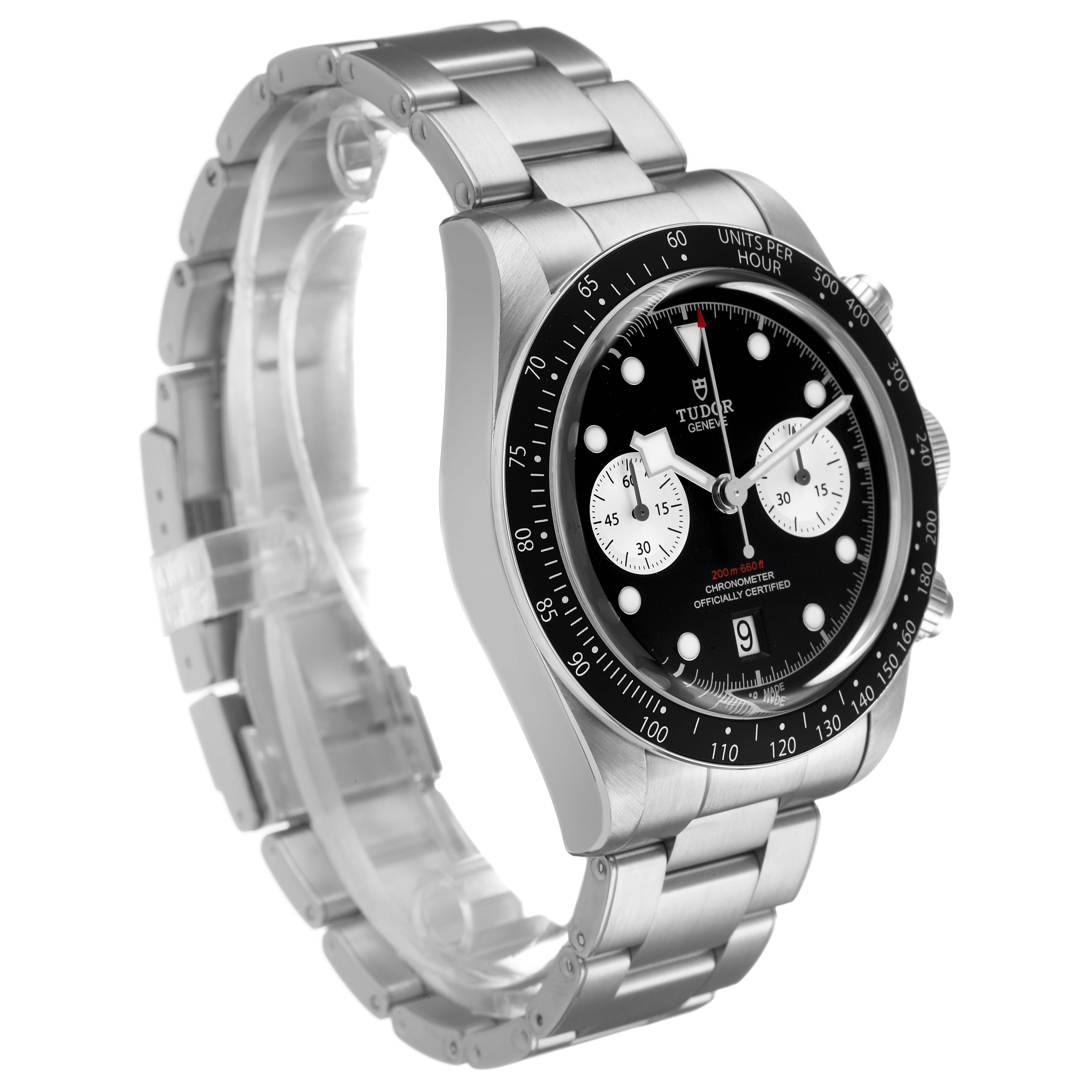 The Tudor Heritage Chrono 79360N Men's Stainless Steel Black Dial watch is shown at a three-quarter angle, highlighting the face, bezel, case, and bracelet.