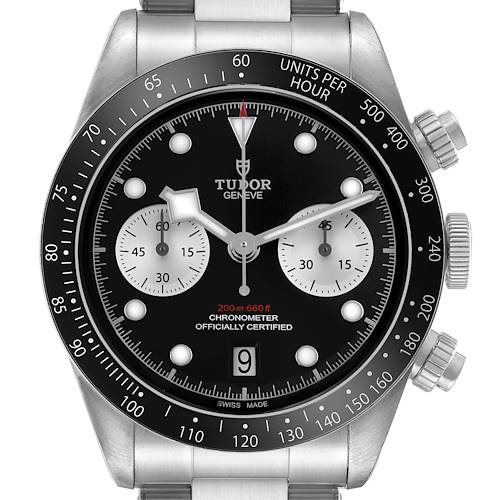 The Tudor Heritage Chrono 79360N Men's Stainless Steel Black Dial watch is shown from a front angle, highlighting its dial, bezel, and pushers.