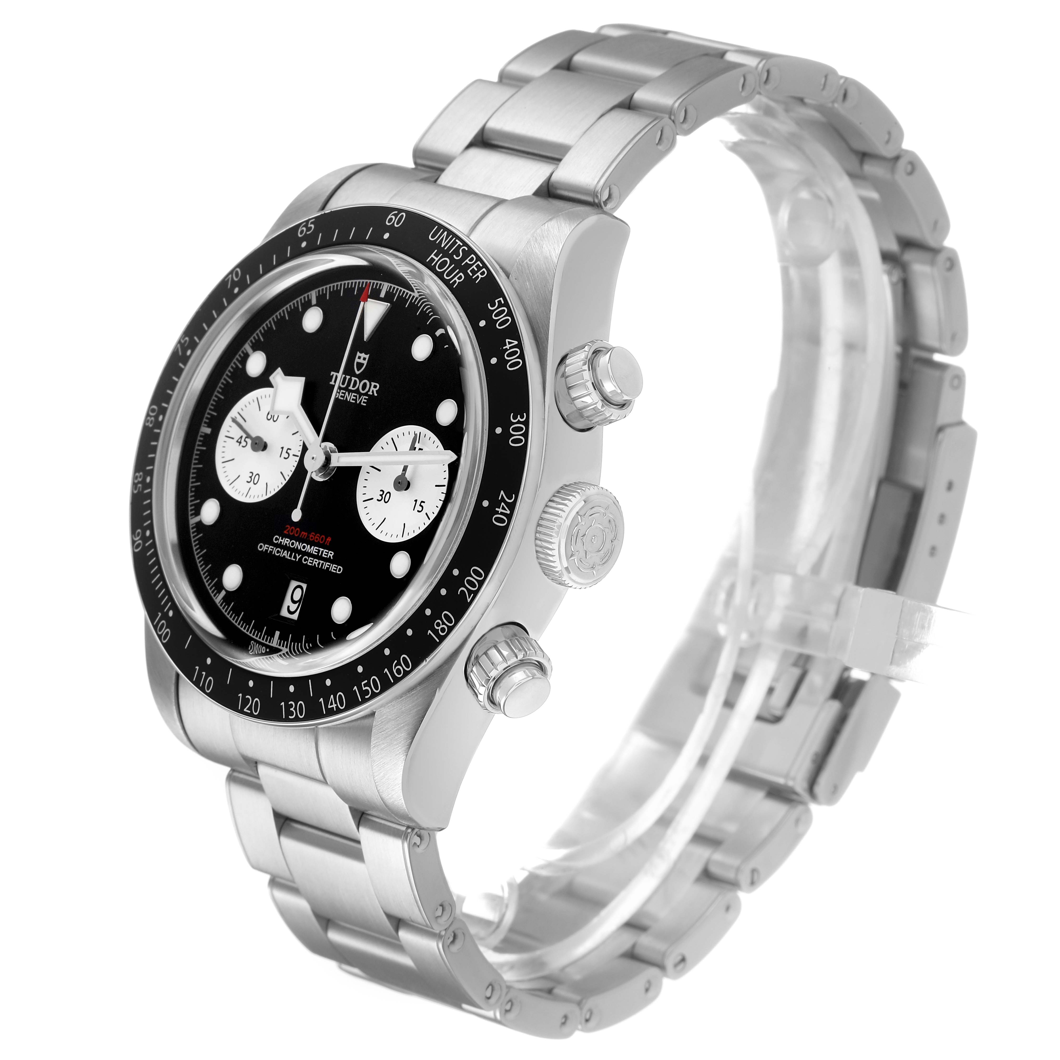 The Tudor Heritage Chrono 79360N Men's Stainless Steel Black Dial watch is angled to show the dial, bezel, crown, pushers, and bracelet.