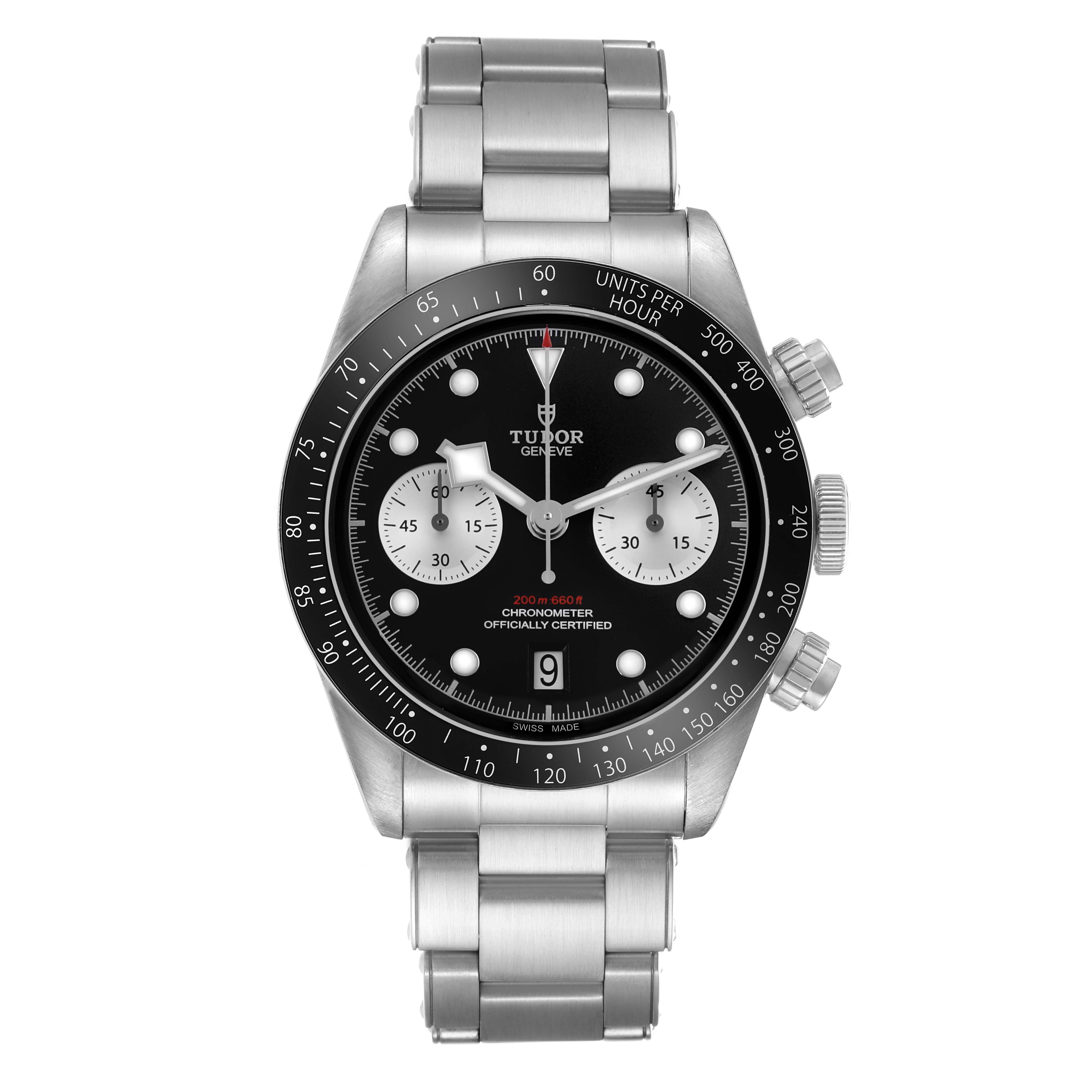 The Tudor Heritage Chrono 79360N Men's Stainless Steel Black Dial watch is shown from a front angle, highlighting the bezel, dial, subdials, and bracelet.