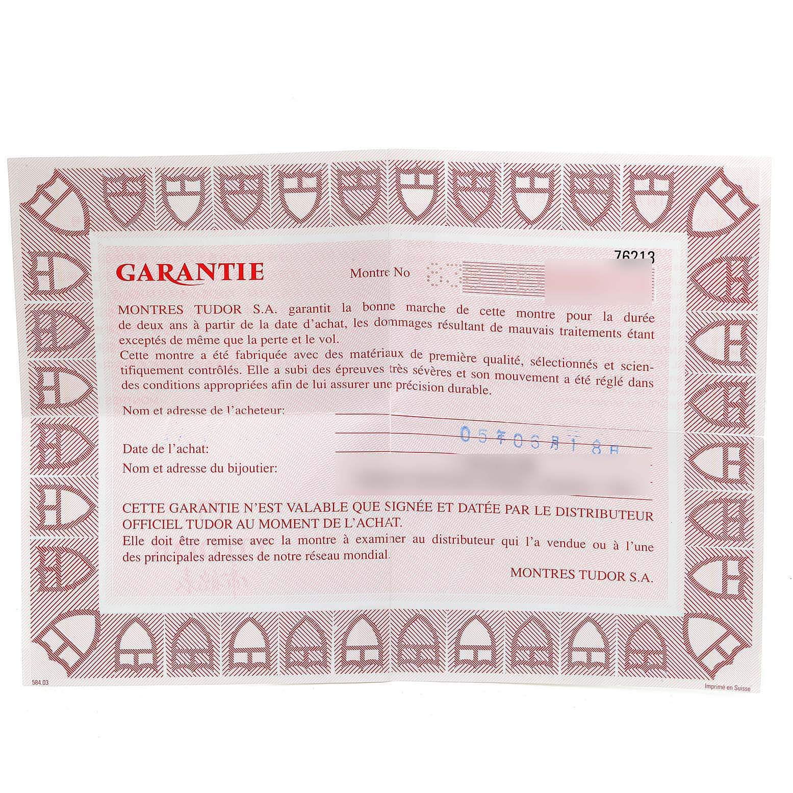 This image shows the warranty card for a Tudor Prince 76213 Men's Steel and Gold (two tone) Silver Dial 76213 Men's Steel and Gold (two tone) Silver Dial model watch.