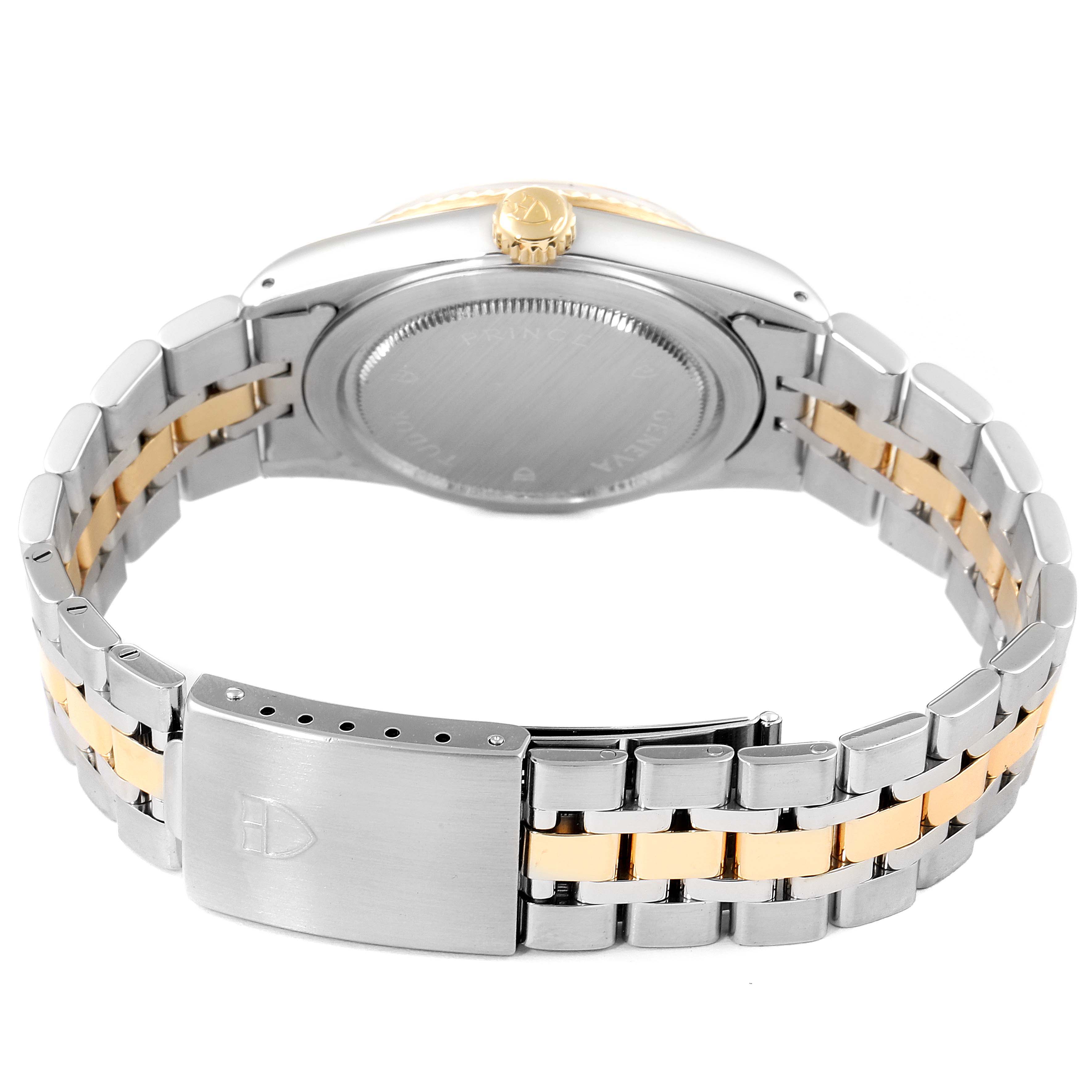 This image shows the back case and bracelet of a Tudor Prince 76213 Men's Steel and Gold (two tone) Silver Dial 76213 Men's Steel and Gold (two tone) Silver Dial model watch, including the crown and clasp.
