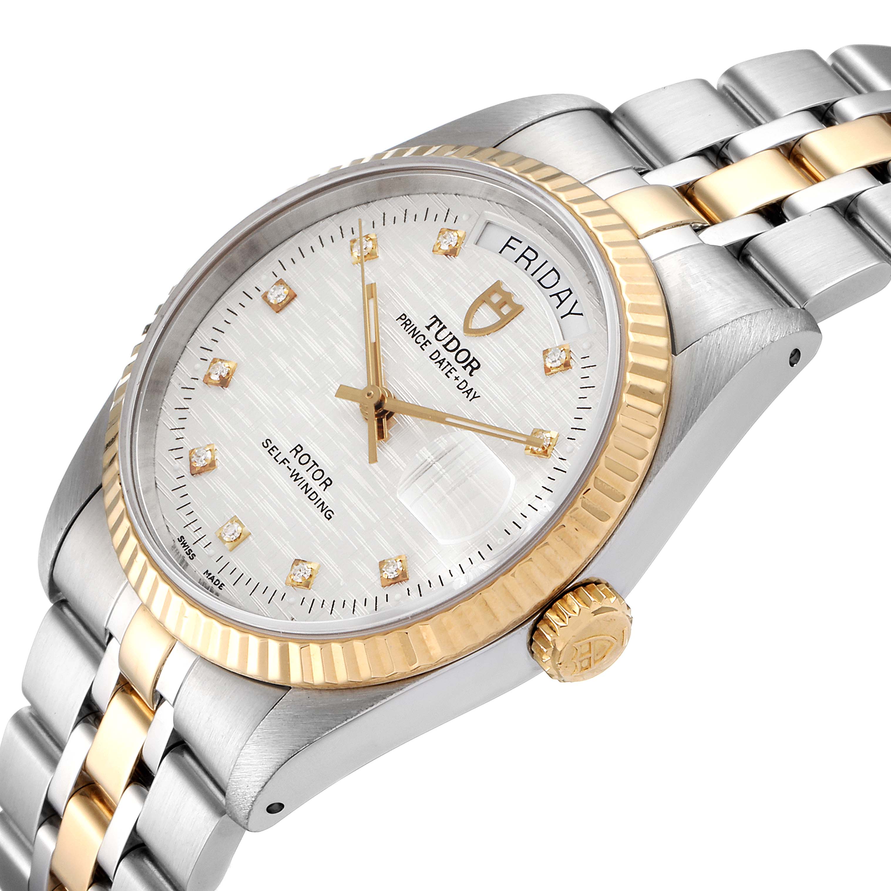 This image shows a side angle of the Tudor Prince 76213 Men's Steel and Gold (two tone) Silver Dial 76213 Men's Steel and Gold (two tone) Silver Dial watch, highlighting its dial, bezel, crown, and part of the bracelet.
