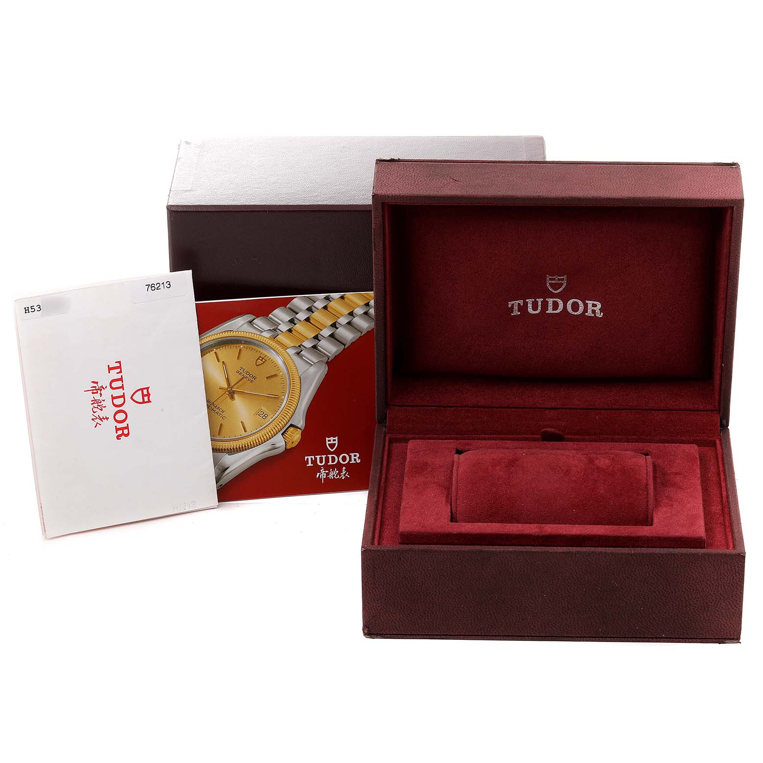 The image shows the Tudor Prince 76213 Men's Steel and Gold (two tone) Silver Dial 76213 Men's Steel and Gold (two tone) Silver Dial watch box, a manual, and a card, all arranged from a front-facing angle.