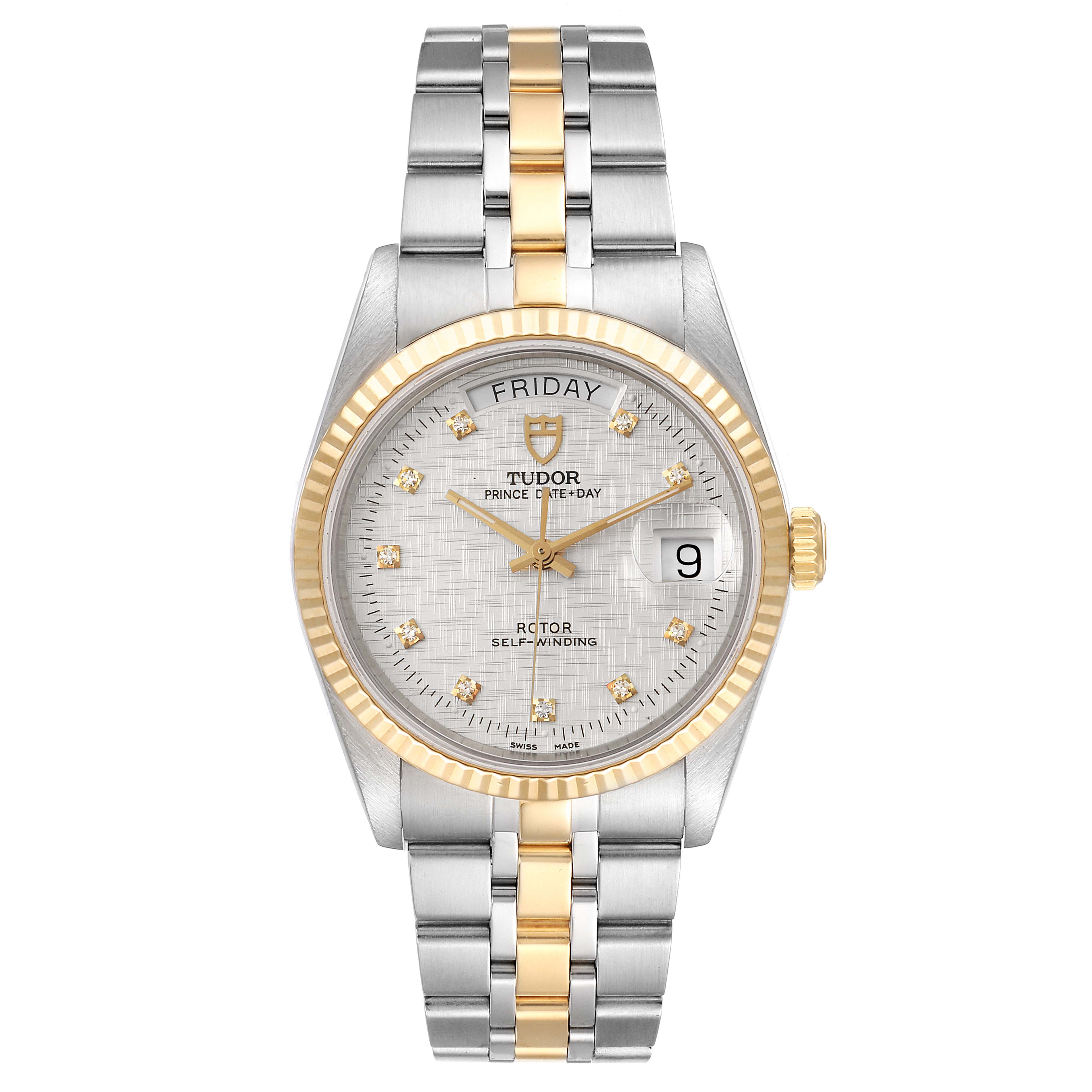 The Tudor Prince 76213 Men's Steel and Gold (two tone) Silver Dial 76213 Men's Steel and Gold (two tone) Silver Dial watch is shown from the front, displaying the dial, date, day, and two-tone bracelet.