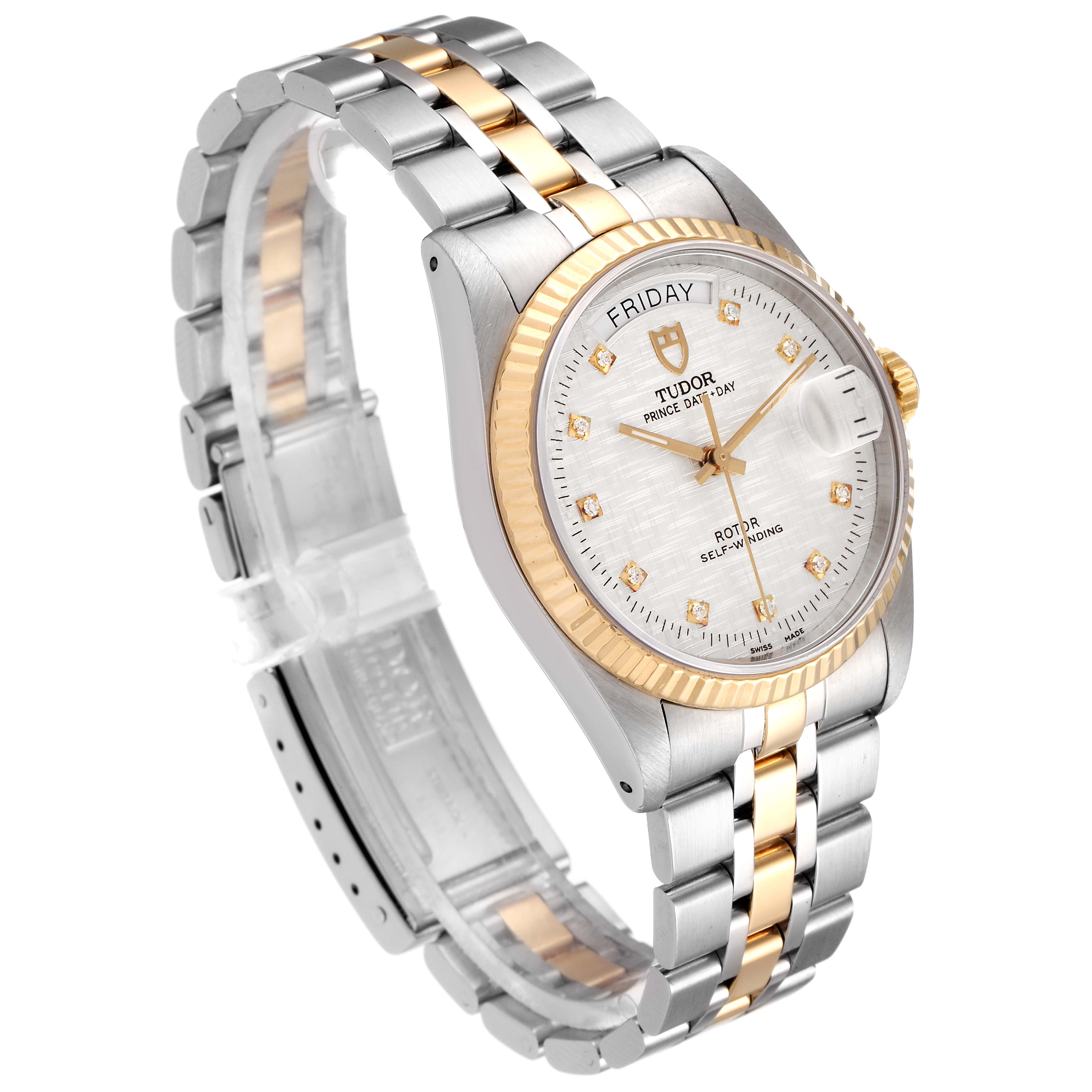 The Tudor Prince 76213 Men's Steel and Gold (two tone) Silver Dial 76213 Men's Steel and Gold (two tone) Silver Dial model watch is shown at a slight side angle, displaying the dial, case, and metal bracelet.