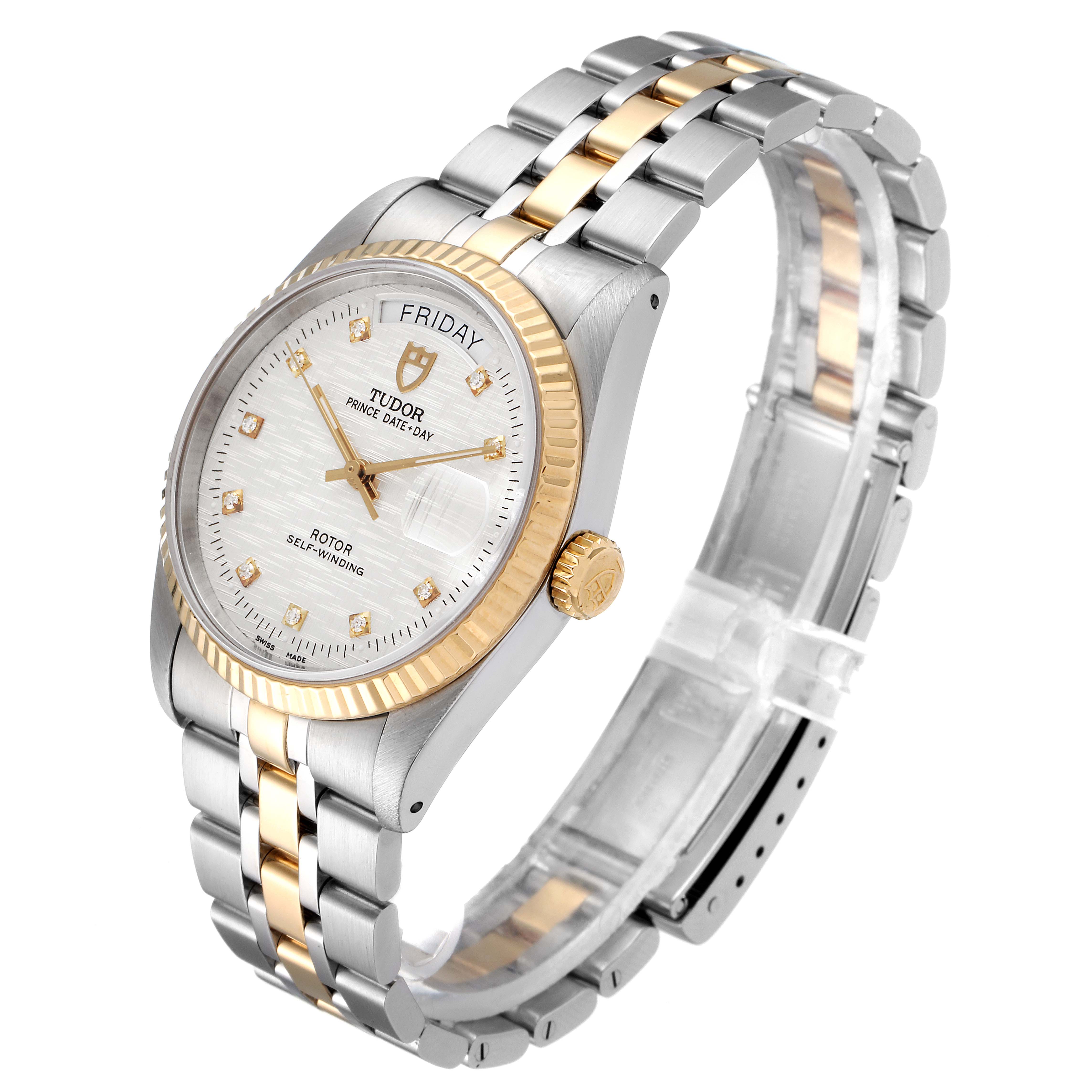 This image shows a Tudor Prince 76213 Men's Steel and Gold (two tone) Silver Dial 76213 Men's Steel and Gold (two tone) Silver Dial model watch from a three-quarter angle, highlighting its dial, bezel, and two-tone bracelet.