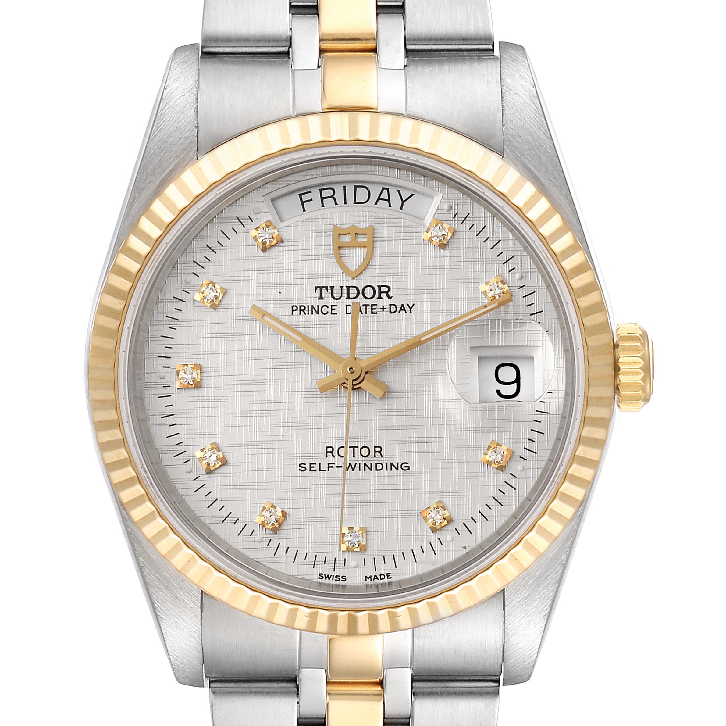 The image shows a front view of the Tudor Prince 76213 Men's Steel and Gold (two tone) Silver Dial 76213 Men's Steel and Gold (two tone) Silver Dial model watch, highlighting its face, bezel, and part of the bracelet.