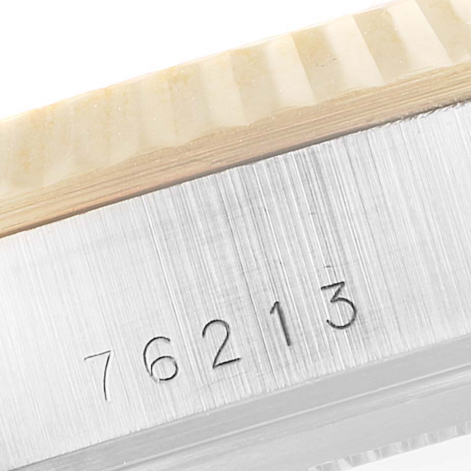 The image shows a close-up of the case side and bezel of the Tudor Prince 76213 Men's Steel and Gold (two tone) Silver Dial 76213 Men's Steel and Gold (two tone) Silver Dial model watch, revealing the engraved number 76213.