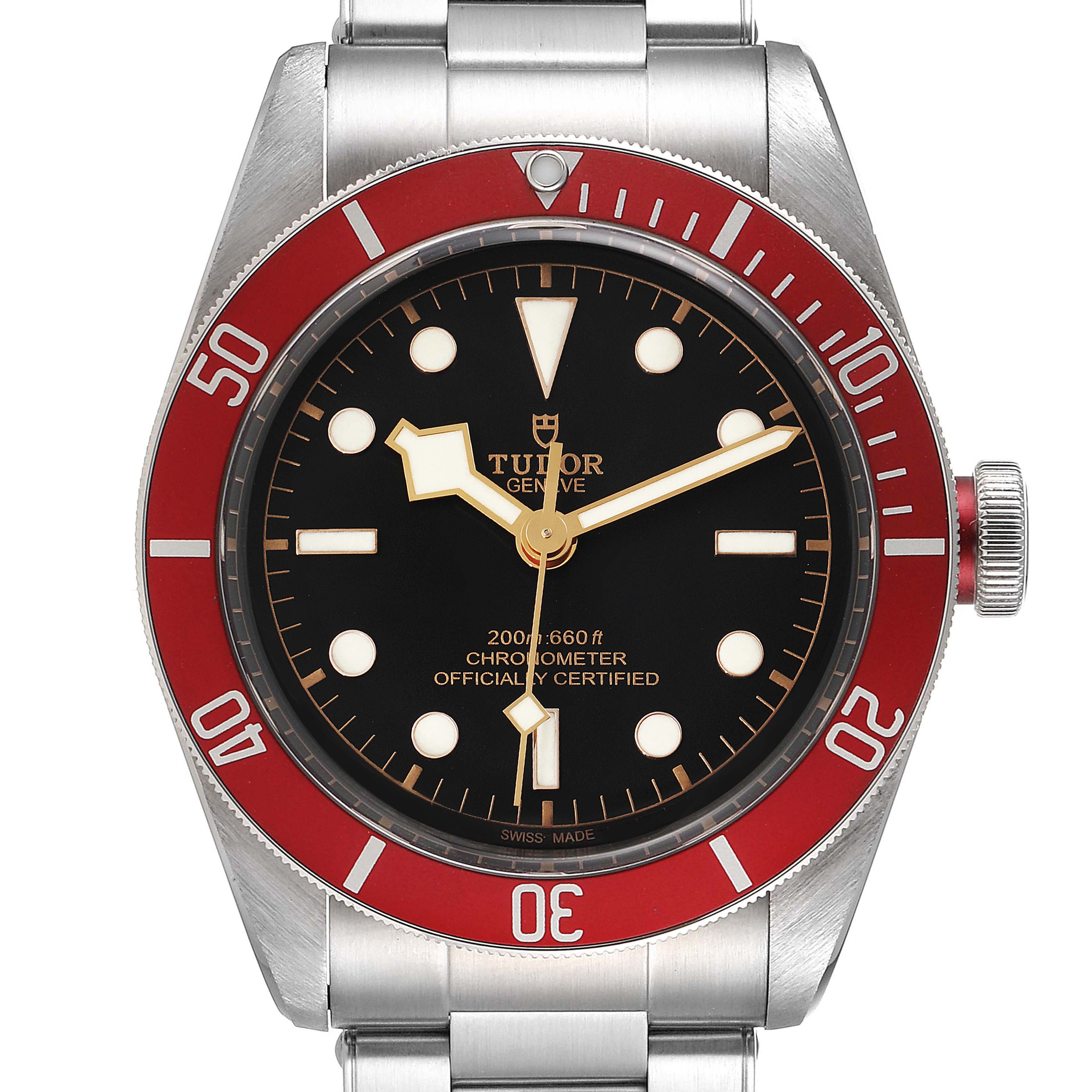 This image shows a front view of the Tudor Heritage Black Bay 79230R Men
s Stainless Steel Black Dial 79230R Men
s Stainless Steel Black Dial watch, featuring its dial, bezel, and crown.