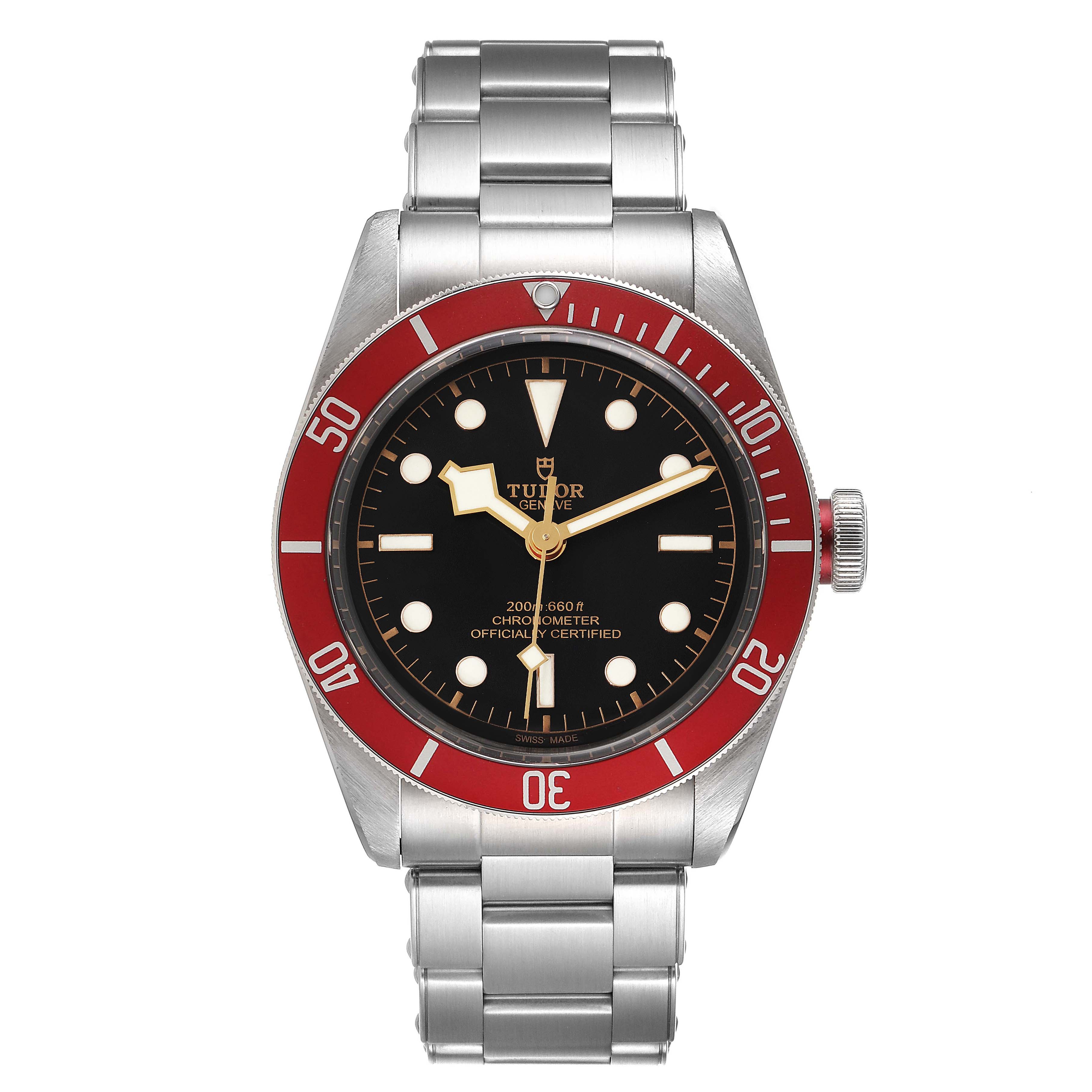 The Tudor Heritage Black Bay 79230R Men
s Stainless Steel Black Dial 79230R Men
s Stainless Steel Black Dial watch is shown from the front, displaying its face, bezel, and bracelet.