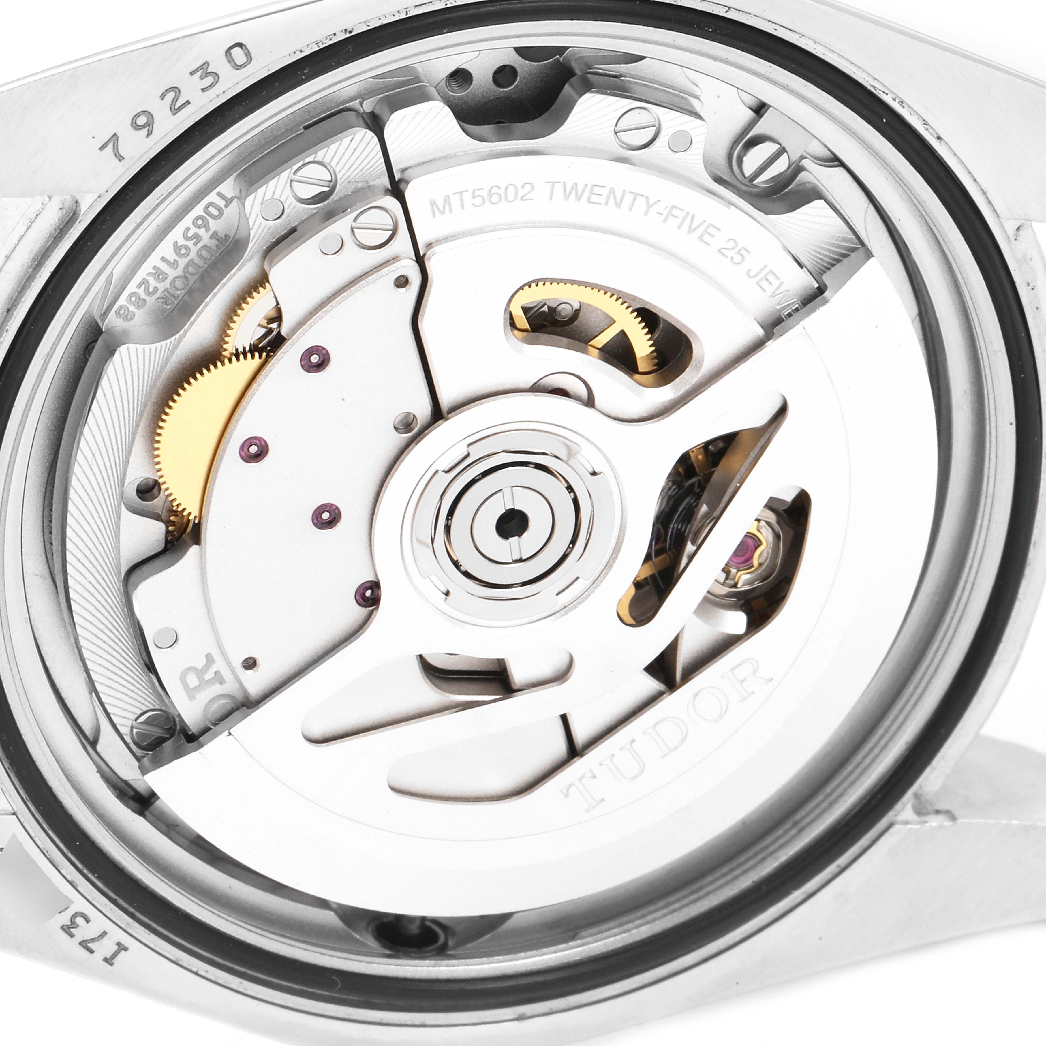 This image shows the back view of the Tudor Heritage Black Bay 79230R Men
s Stainless Steel Black Dial 79230R Men
s Stainless Steel Black Dial watch, revealing its internal mechanism and movement components.