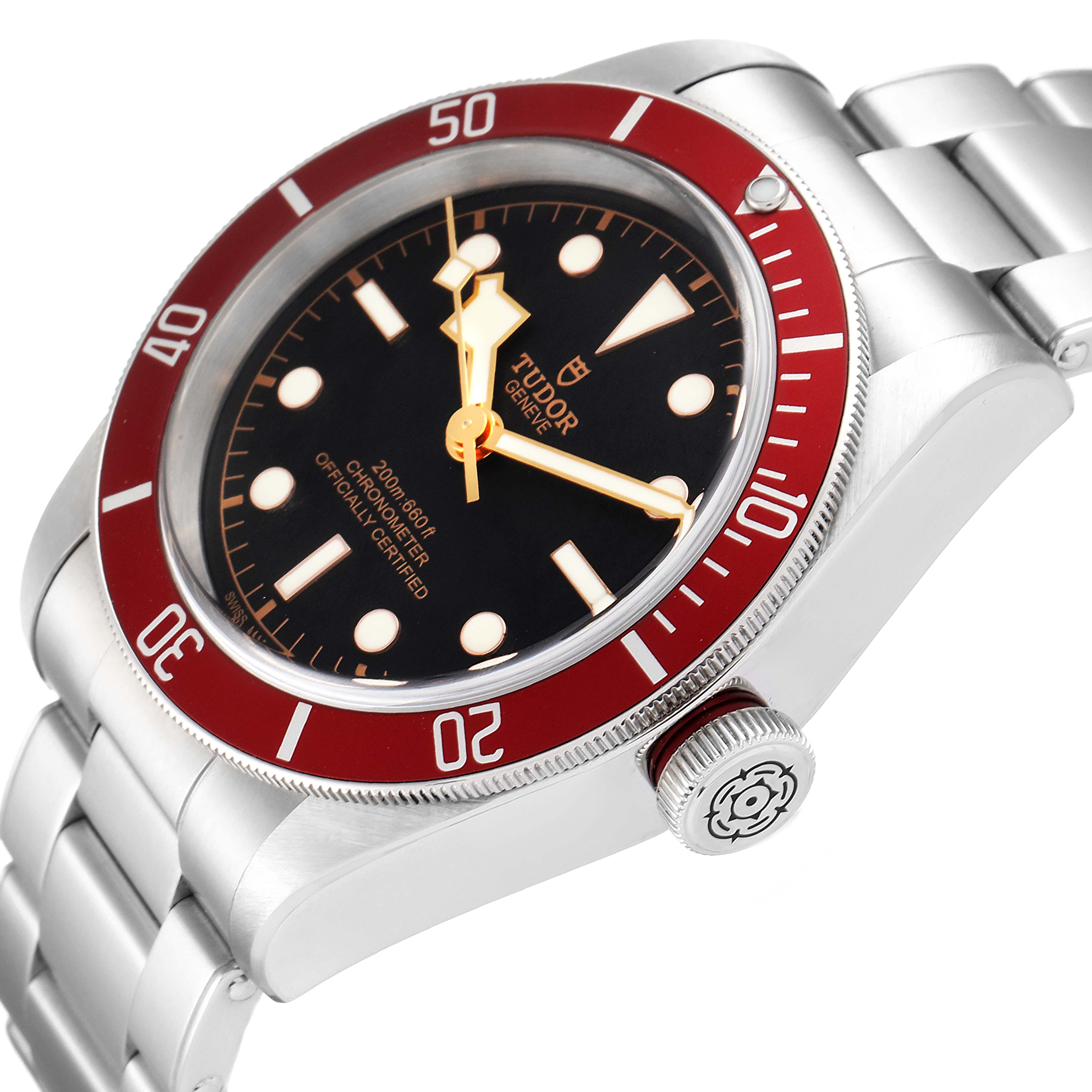 The Tudor Heritage Black Bay 79230R Men
s Stainless Steel Black Dial 79230R Men
s Stainless Steel Black Dial watch is shown at an angle highlighting its face, bezel, crown, and stainless steel bracelet.