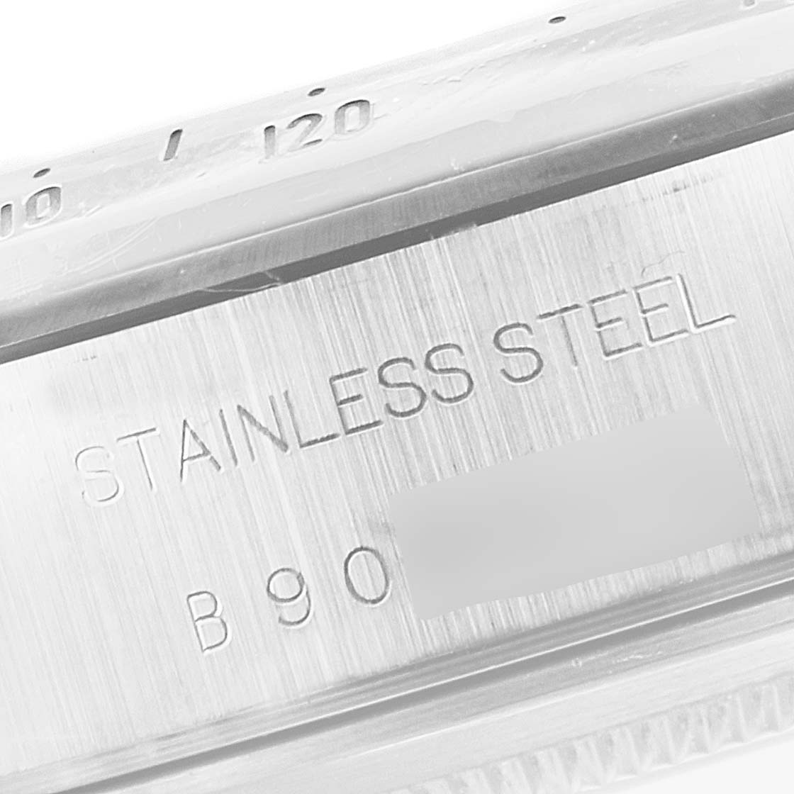 This close-up image shows the side engraving on the stainless steel case of a Tudor Prince model watch.