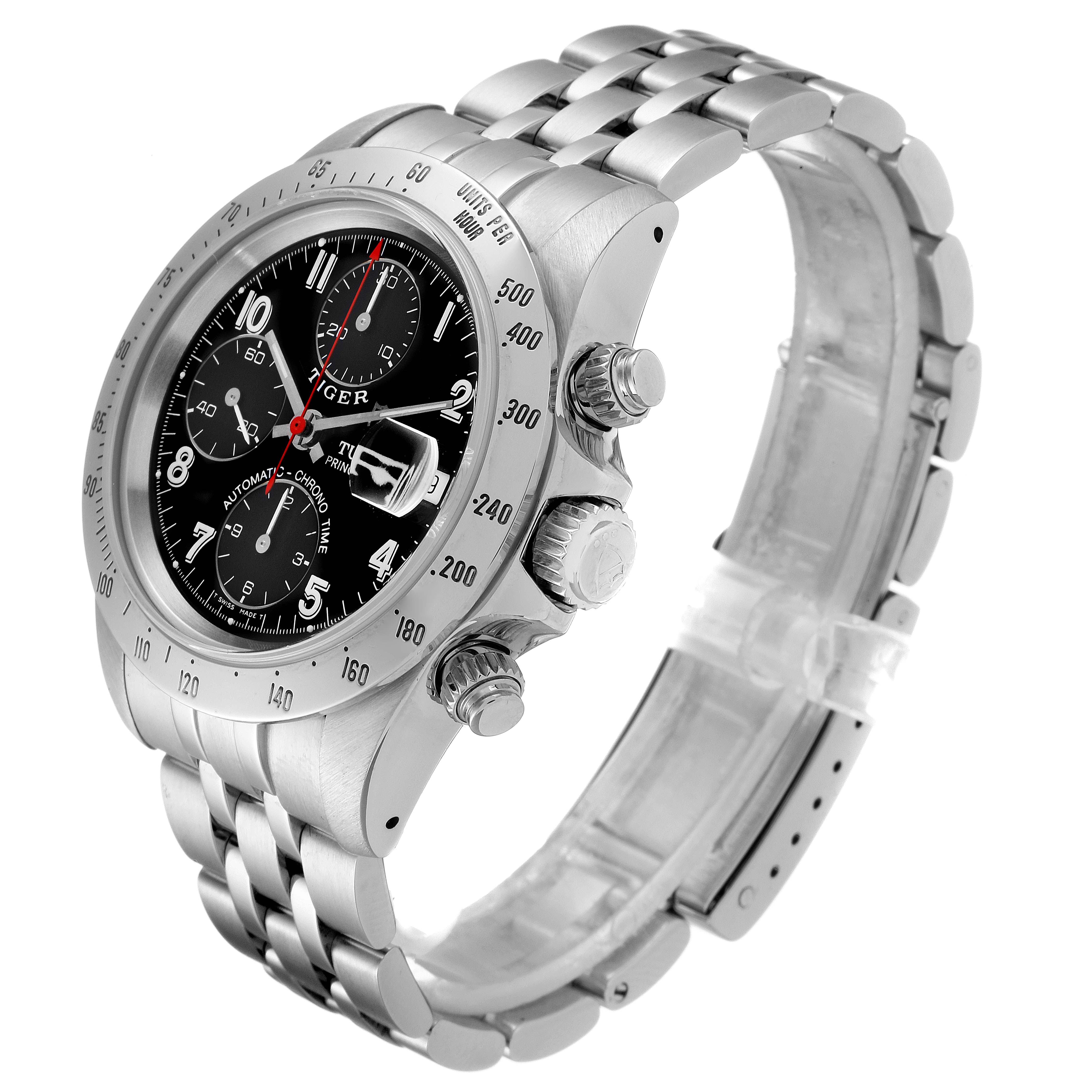 The image shows a side angle of a Tudor Prince model watch, featuring the bezel, crowns, and part of the bracelet.