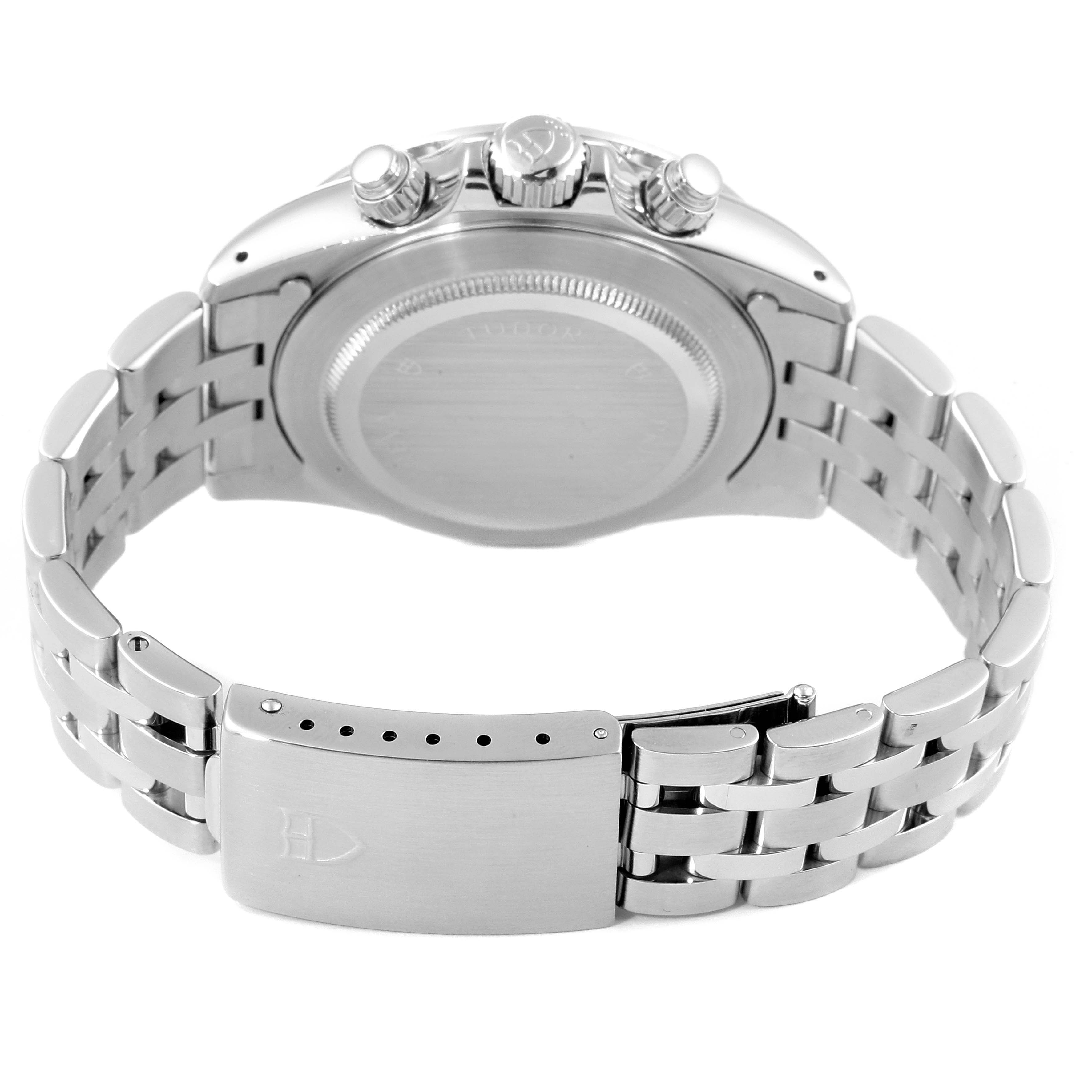 The image shows the back of the Tudor Prince model watch, focusing on the clasp, bracelet, and case back.