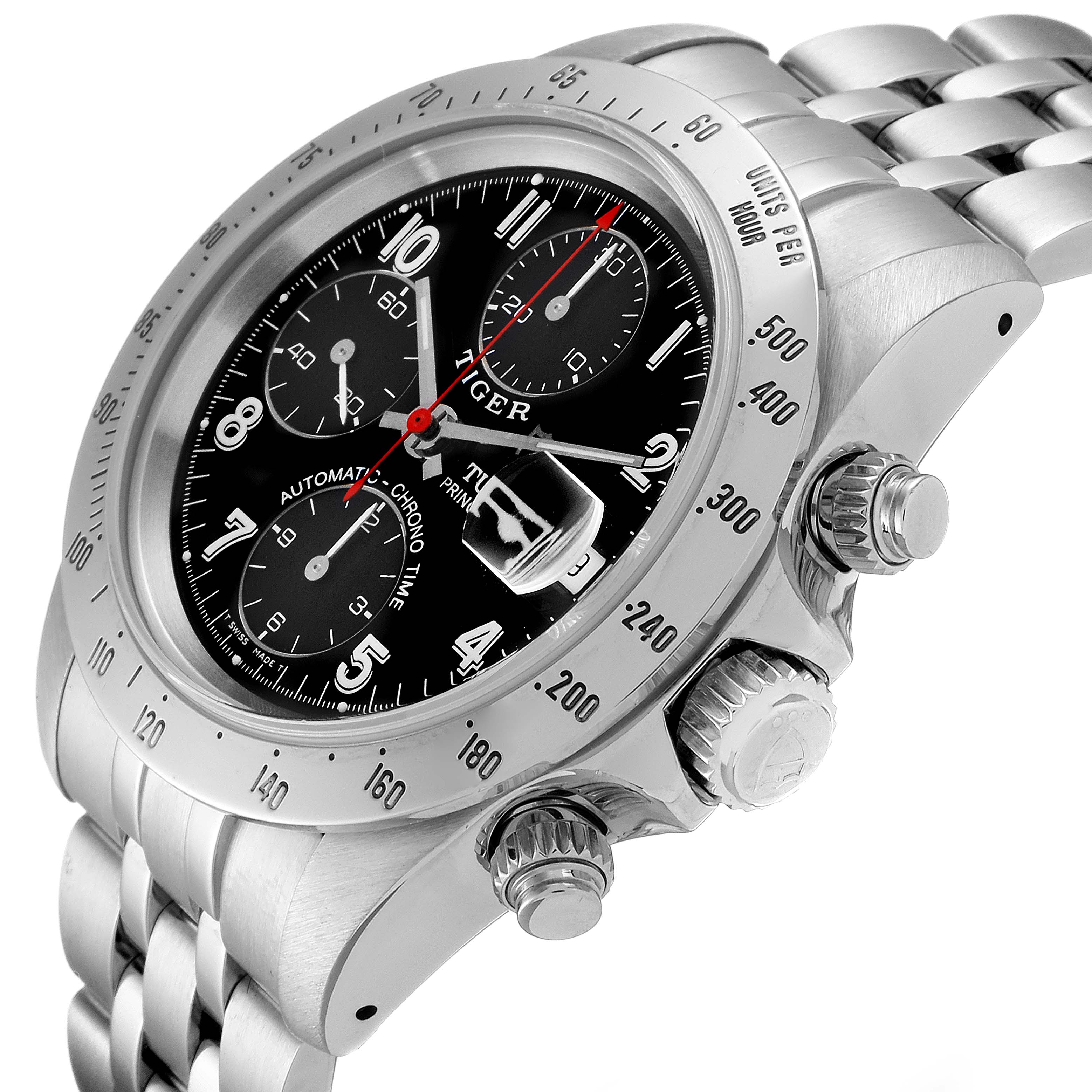 The Tudor Prince watch is shown at an angle highlighting its bezel, crown, and sub-dials on the black dial.