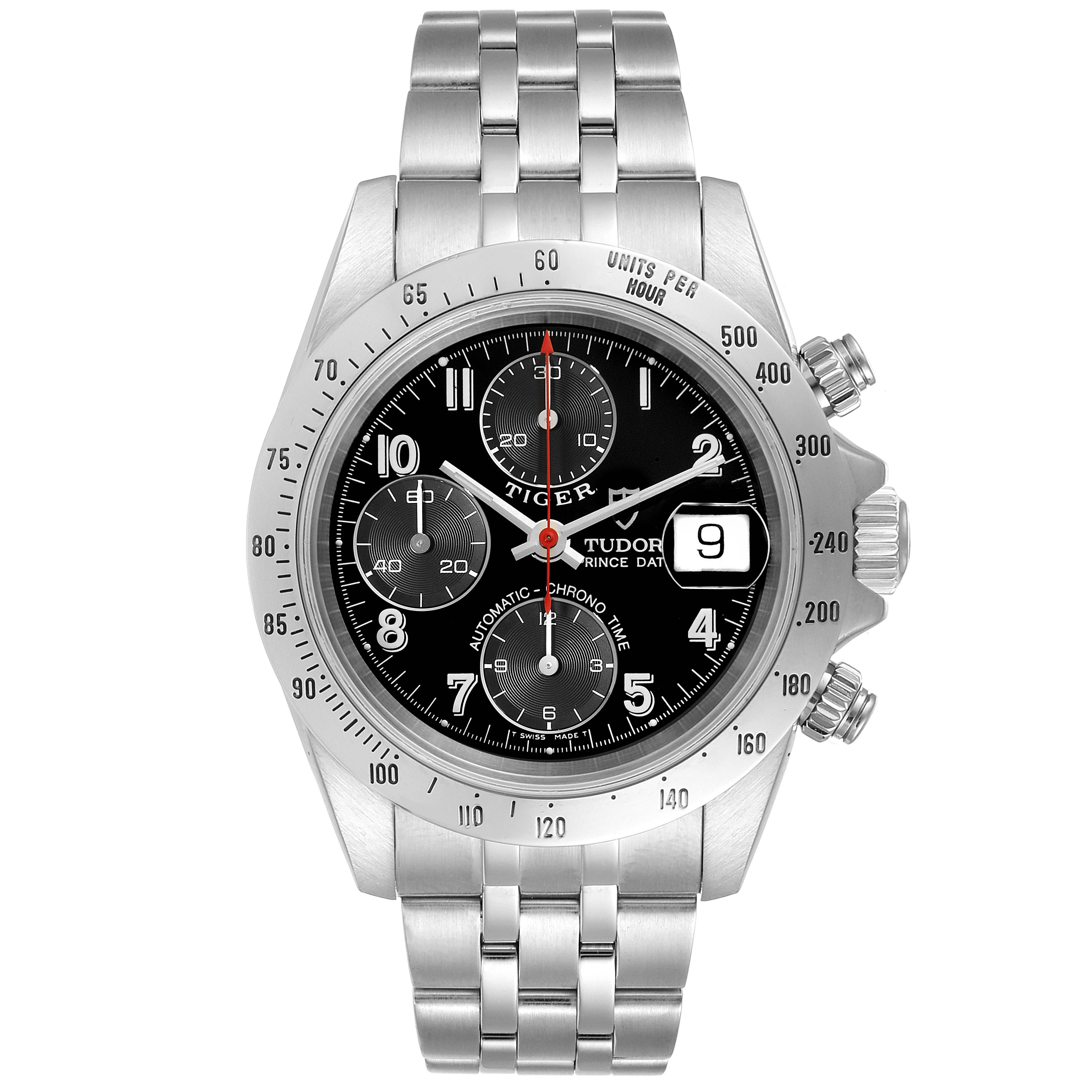 The image shows a Tudor Prince model watch from a top-down angle, displaying the face, bezel, bracelet, and side crown.